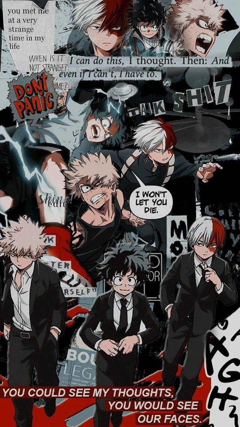 Aesthetic My Hero Academia Midoriya Shoto Bakugo 壁紙 — 動漫角色身穿黑色西裝，配合粗體文字和閃電效果，營造出強烈的勵志拼貼。