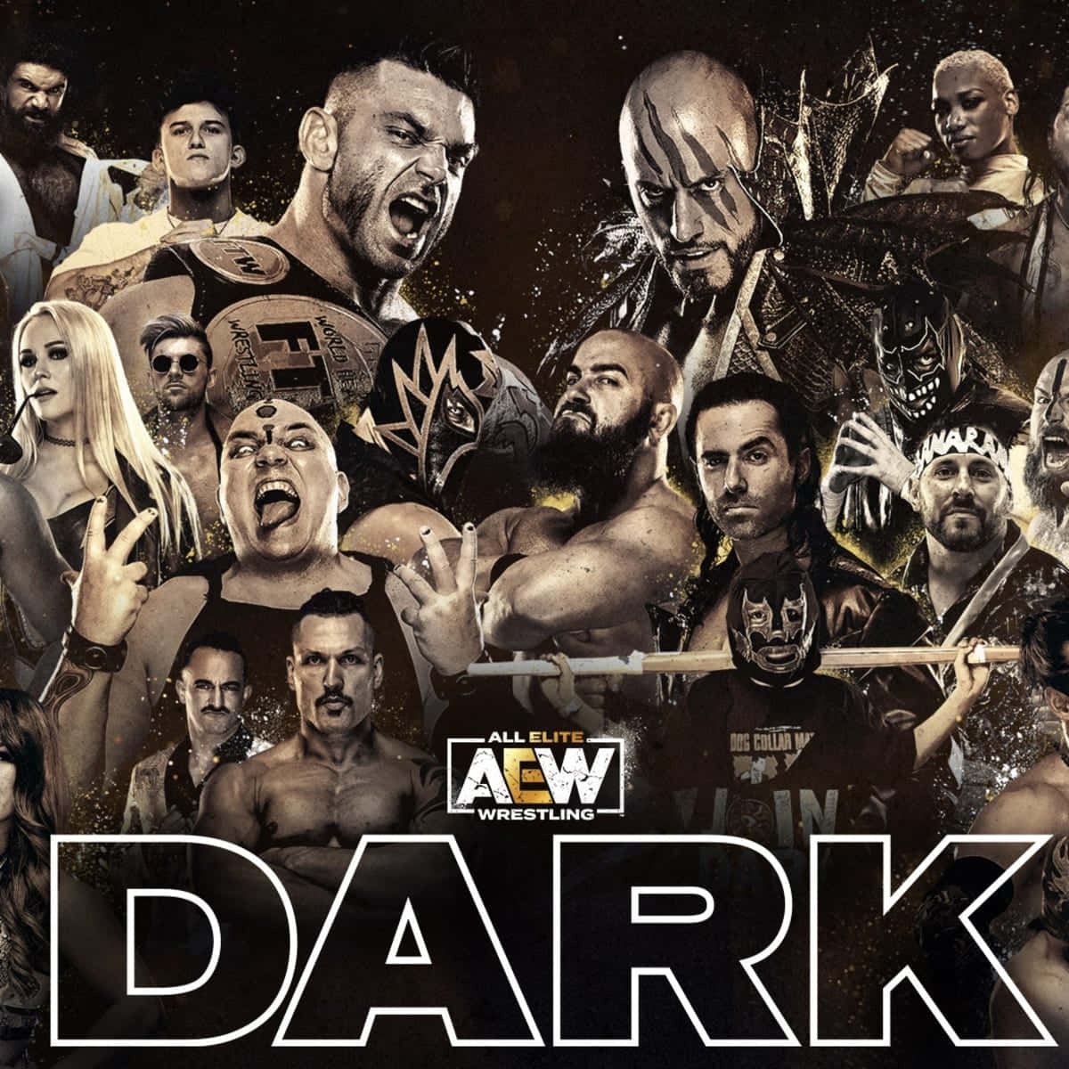 AEW Dark海報 壁紙 — 一張粗糙的AEW摔角手拼貼畫，呈現戲劇性姿勢，帶有強烈的暗色調和激烈的表情。