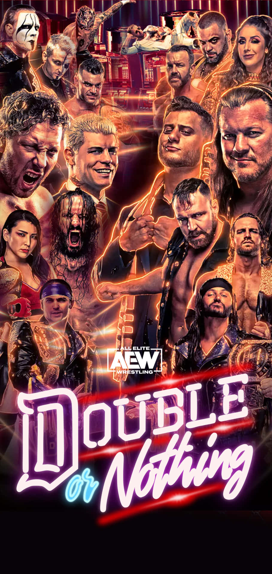 AEW Double Or Nothing海報 壁紙 — AEW摔角手的鮮豔拼貼畫，帶有發光霓虹燈文字，用於Double or Nothing活動。