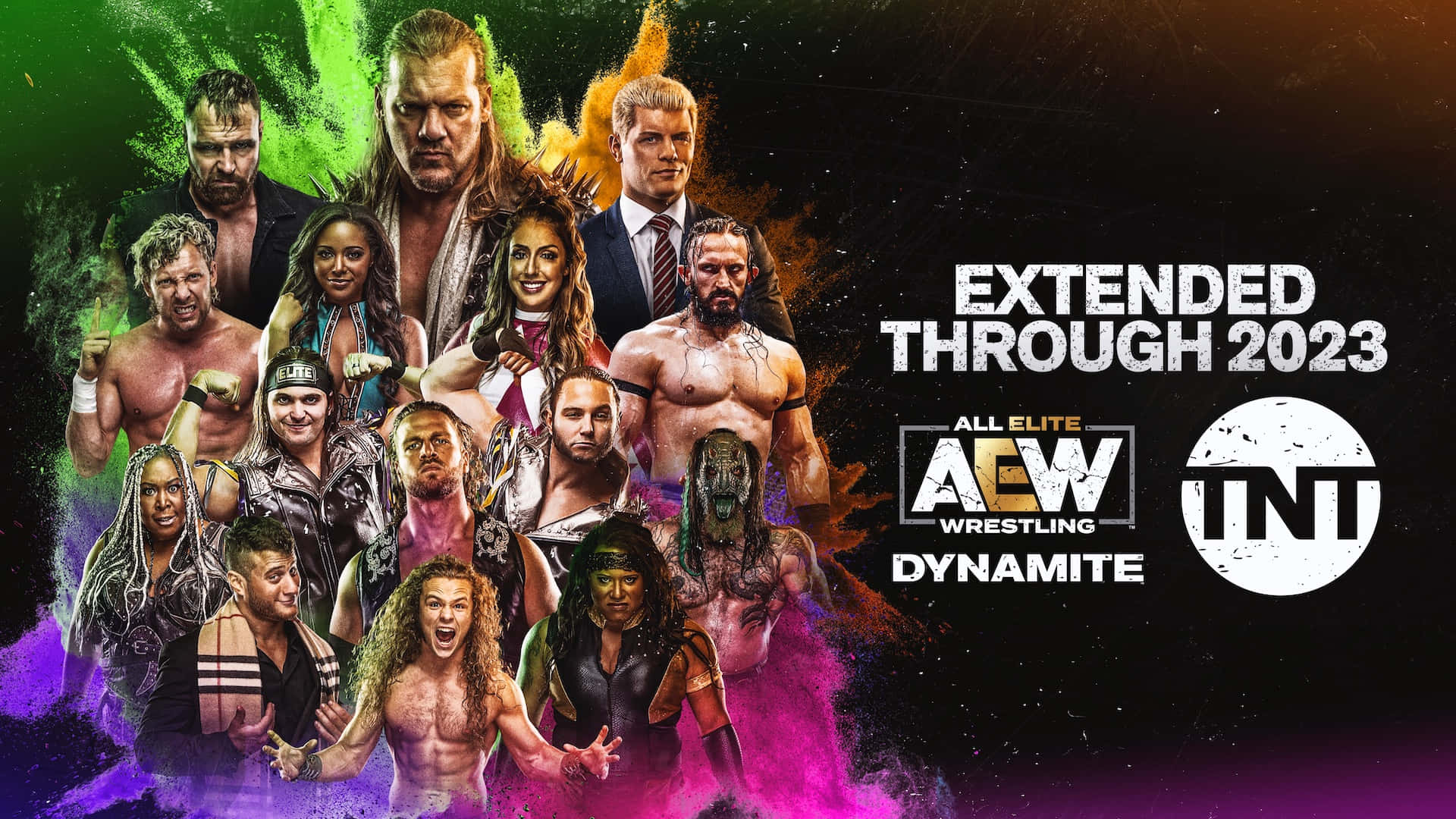 AEW Dynamite TNT 2023海報 壁紙 — 一幅充滿活力的拼貼畫，描繪AEW Dynamite摔角手從色彩繽紛的爆炸性油漆飛濺中衝出，背景是黑暗的宇宙。