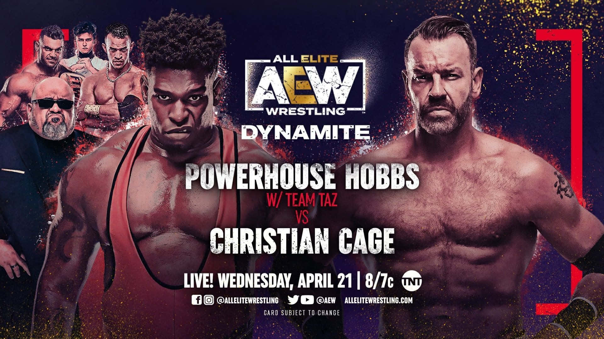摔角手 Powerhouse Hobbs 和 Christian Cage 在 AEW Dynamite 的宣傳海報中對峙。