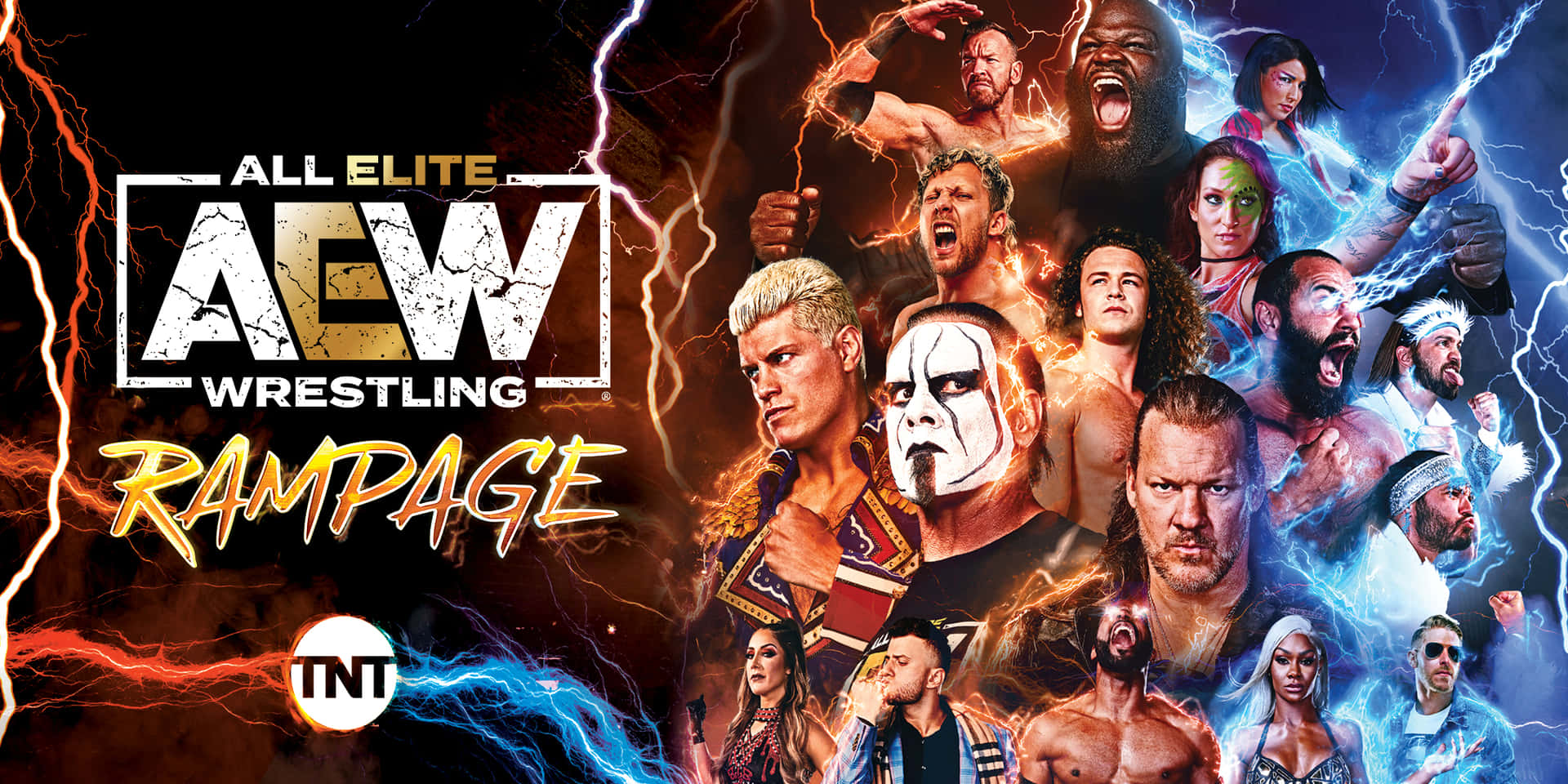 AEW Rampage系列電視宣傳海報 壁紙 — 動態拼貼AEW摔角手，帶有電光效果和粗體標誌，背景為深色。