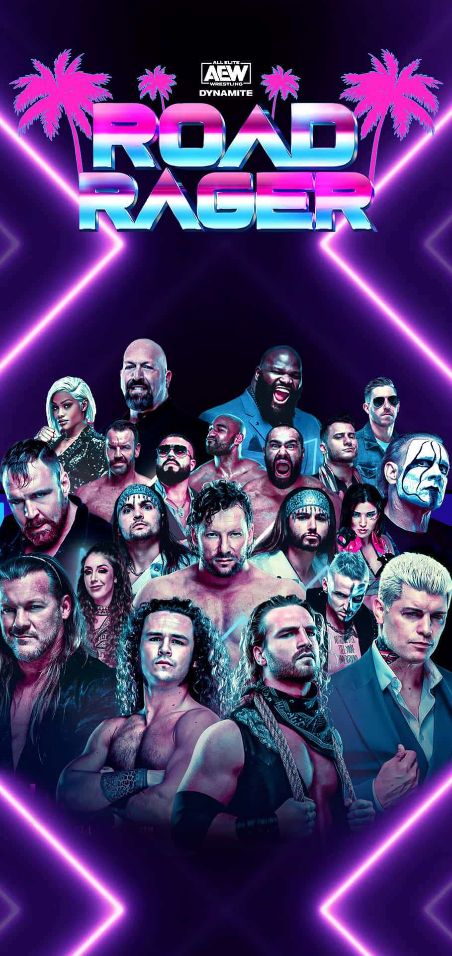 AEW Road Rage海報 壁紙 — 充滿活力的霓虹燈海報， featuring AEW Dynamite 摔角手、棕櫚樹和發光的粉紅色線條，框住粗體的 'Road Rager' 標題。