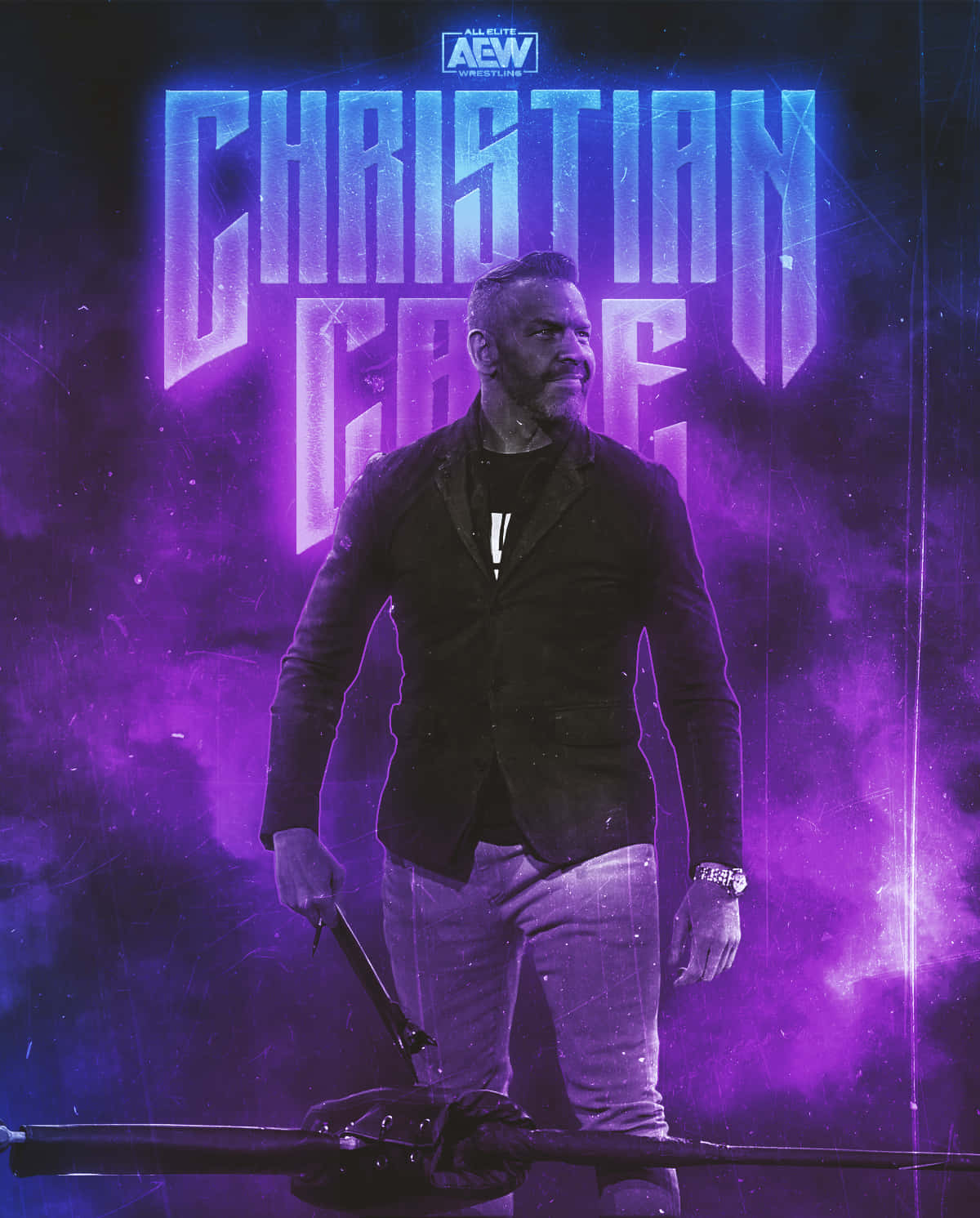 Christian Cage 穿著摔角裝備，在紫色霓虹燈下手持冠軍腰帶。