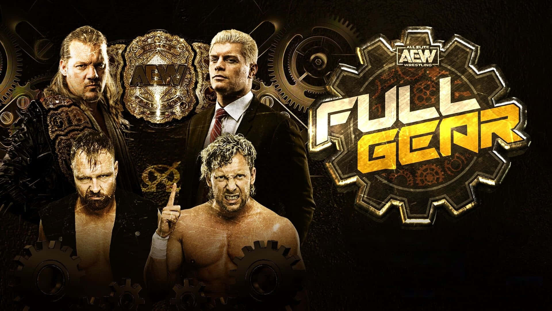 AEW：加入革命行列 壁紙 — 四位激烈的AEW摔角手在黑暗的齒輪主題背景前戲劇性地擺姿勢，'Full Gear'標誌閃耀著金色光芒。