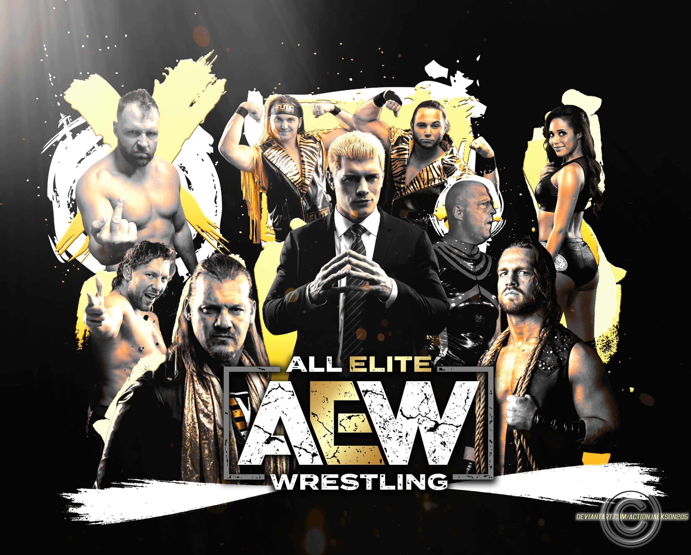 AEW - 北美首屈一指的摔角平台 壁紙 — 一張動態拼貼畫，AEW 摔角手在黑色背景上以英雄姿態擺出姿勢，搭配大膽的黃色和白色筆觸。