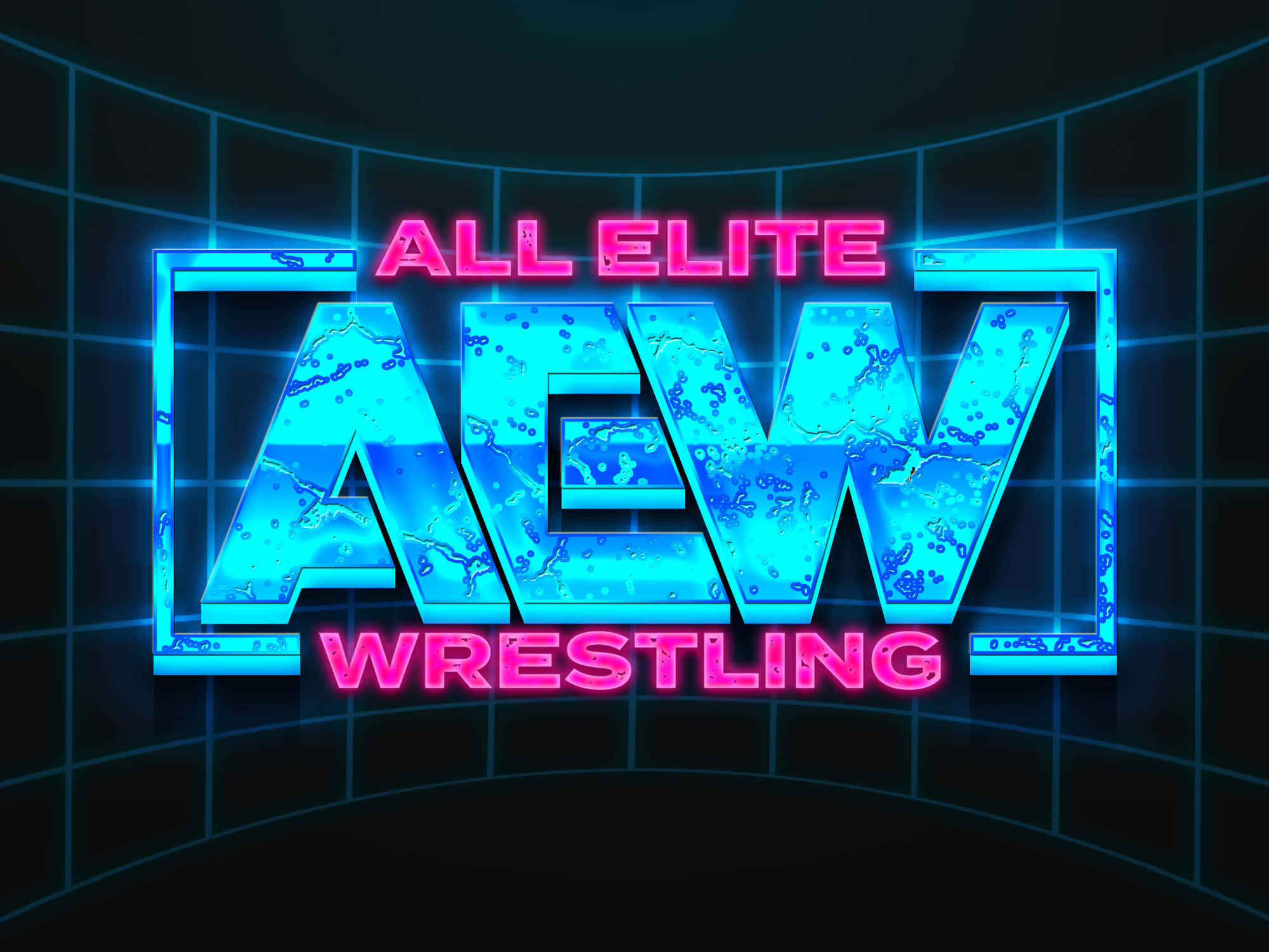 AEW 革命 — 摔角激情引爆 壁紙 — 發光的霓虹粉紅和藍色AEW摔角標誌，帶有水紋理，設置在深色網格背景上。