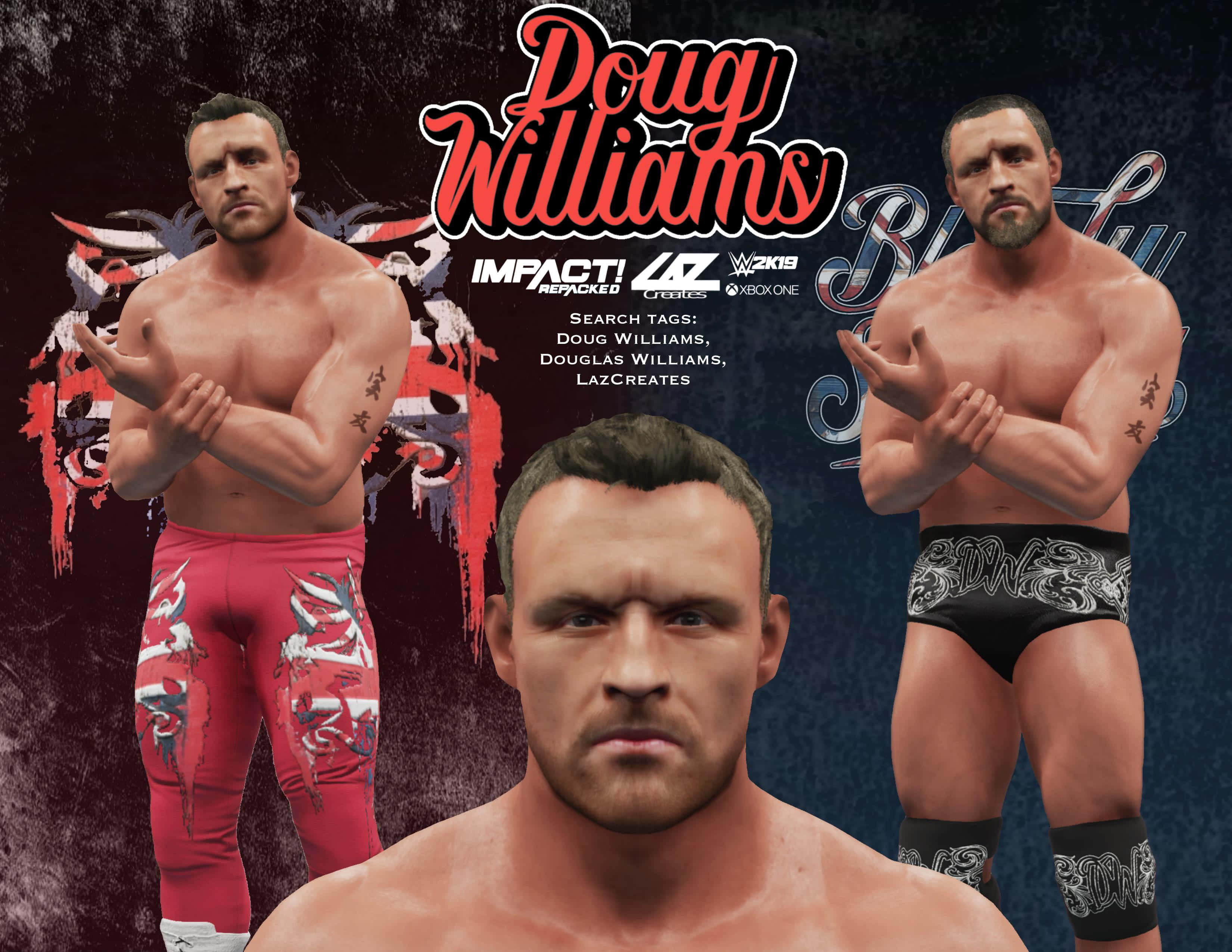AEW與IMPACT Wrestling傳奇摔角手Doug Williams 壁紙 — 道格·威廉斯的數位摔角肖像，身穿紅黑短褲，有紋身，雙臂交叉，背景陰暗粗糙。