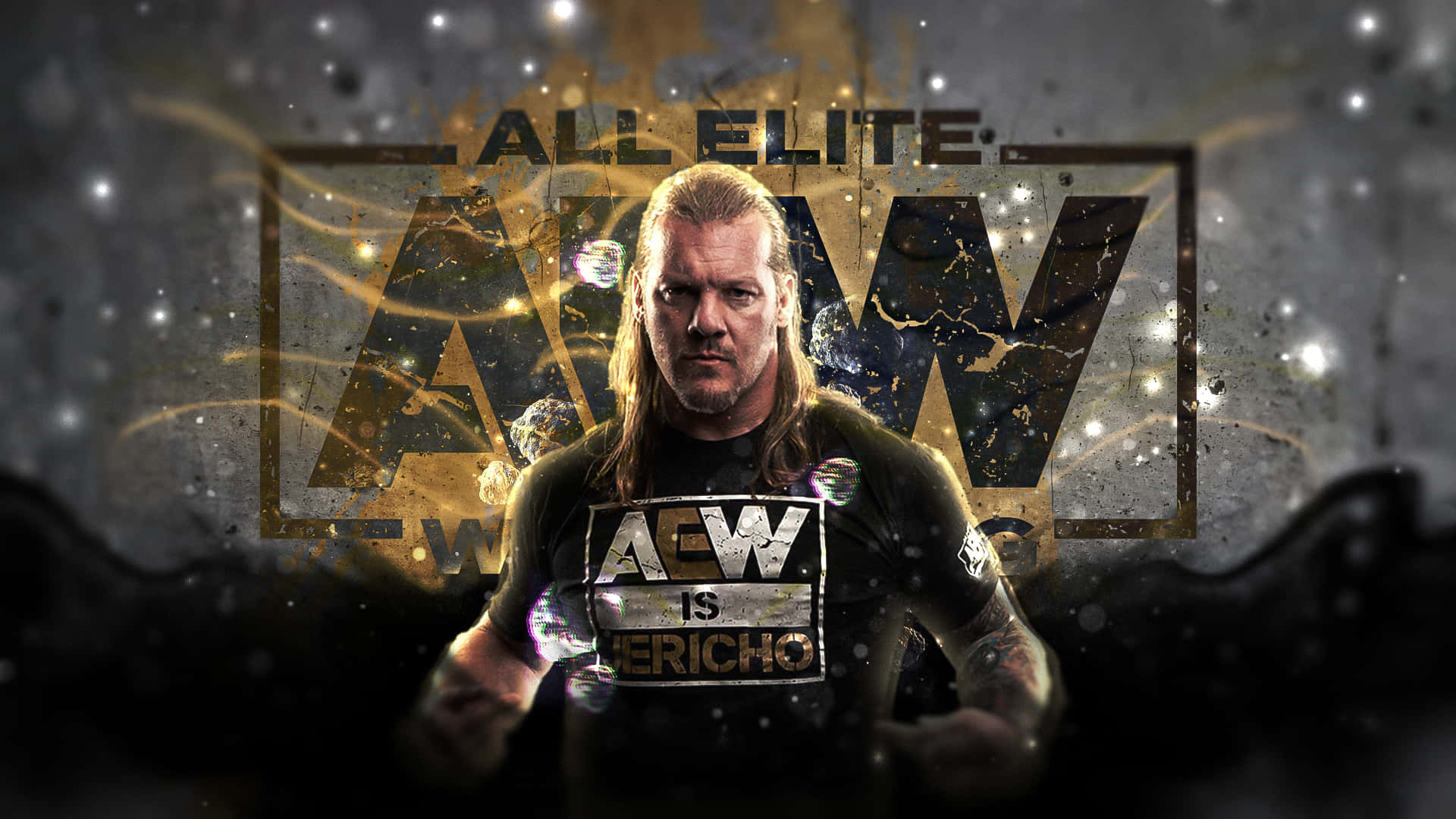 AEW世界冠軍克里斯·傑里科 壁紙 — 摔角手 Chris Jericho 在帶有宇宙粒子效果的發光 AEW 標誌前凝視。