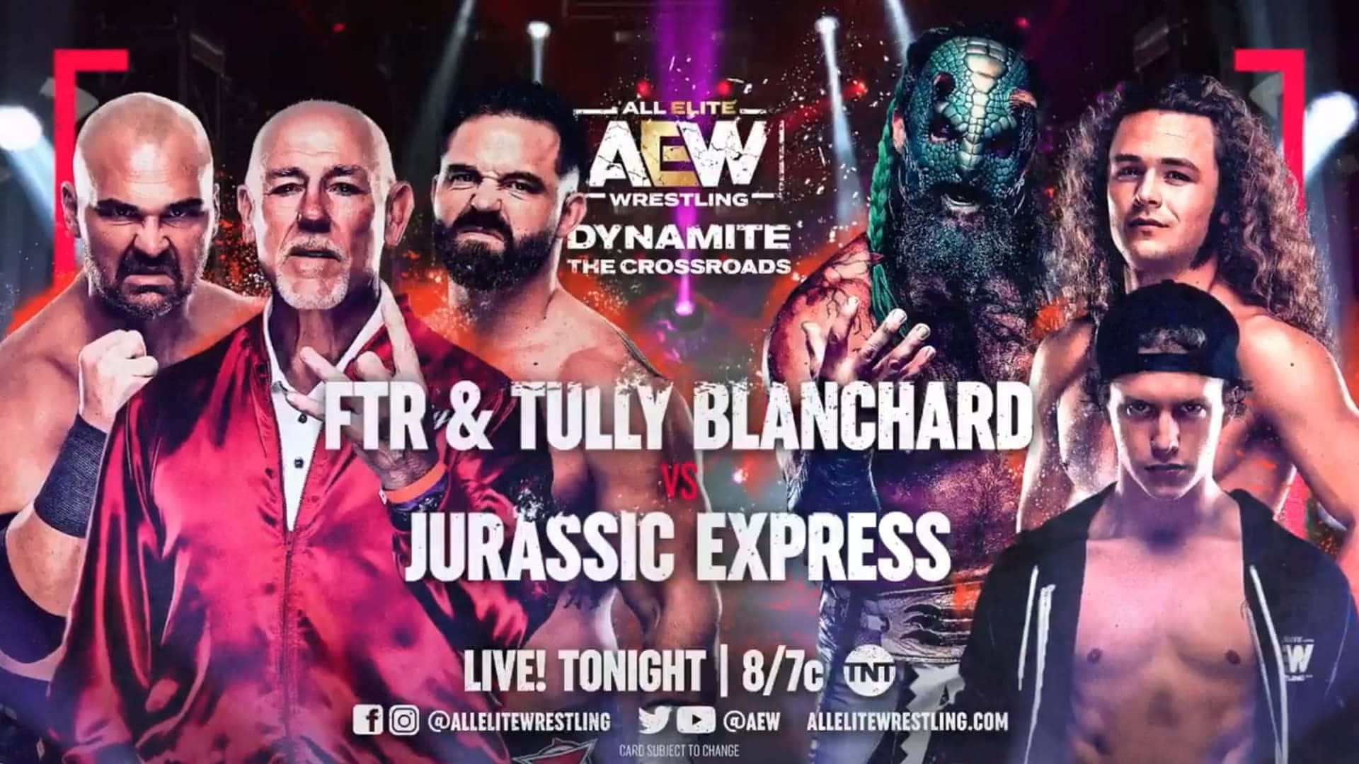 AEW Dynamite摔角活動海報，展示六位摔角手擺出動作姿勢。