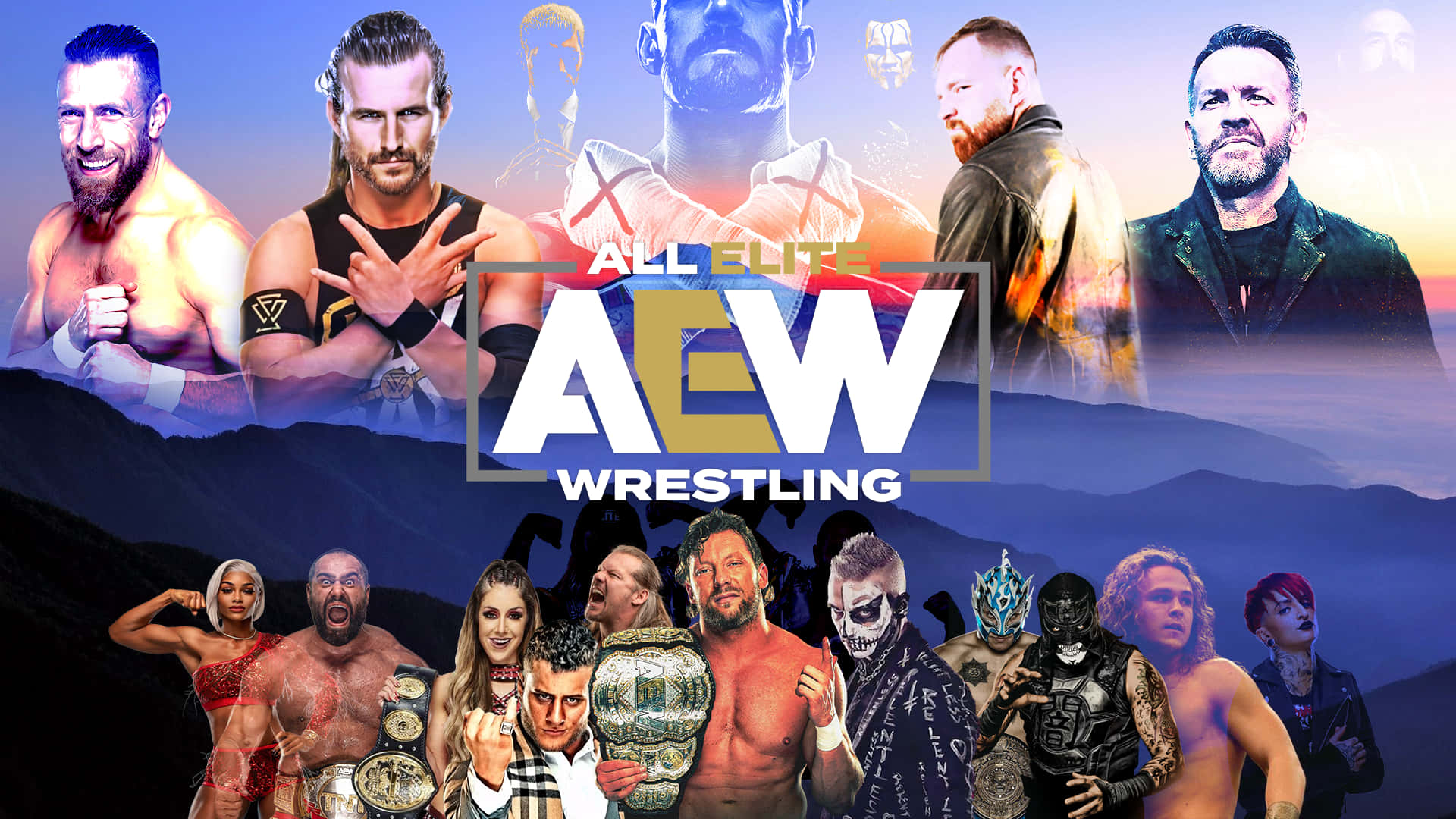 AEW選手步入擂台 壁紙 — 一幅充滿活力的拼貼畫，展示All Elite Wrestling明星在日落山脈背景下與冠軍腰帶合影。