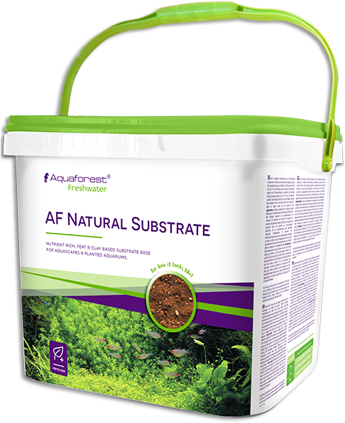 AF天然底床水族箱產品 壁紙 — 一個白色和綠色的 Aquaforest AF Natural Substrate 水族箱底床桶，標籤上有充滿活力的水下場景。
