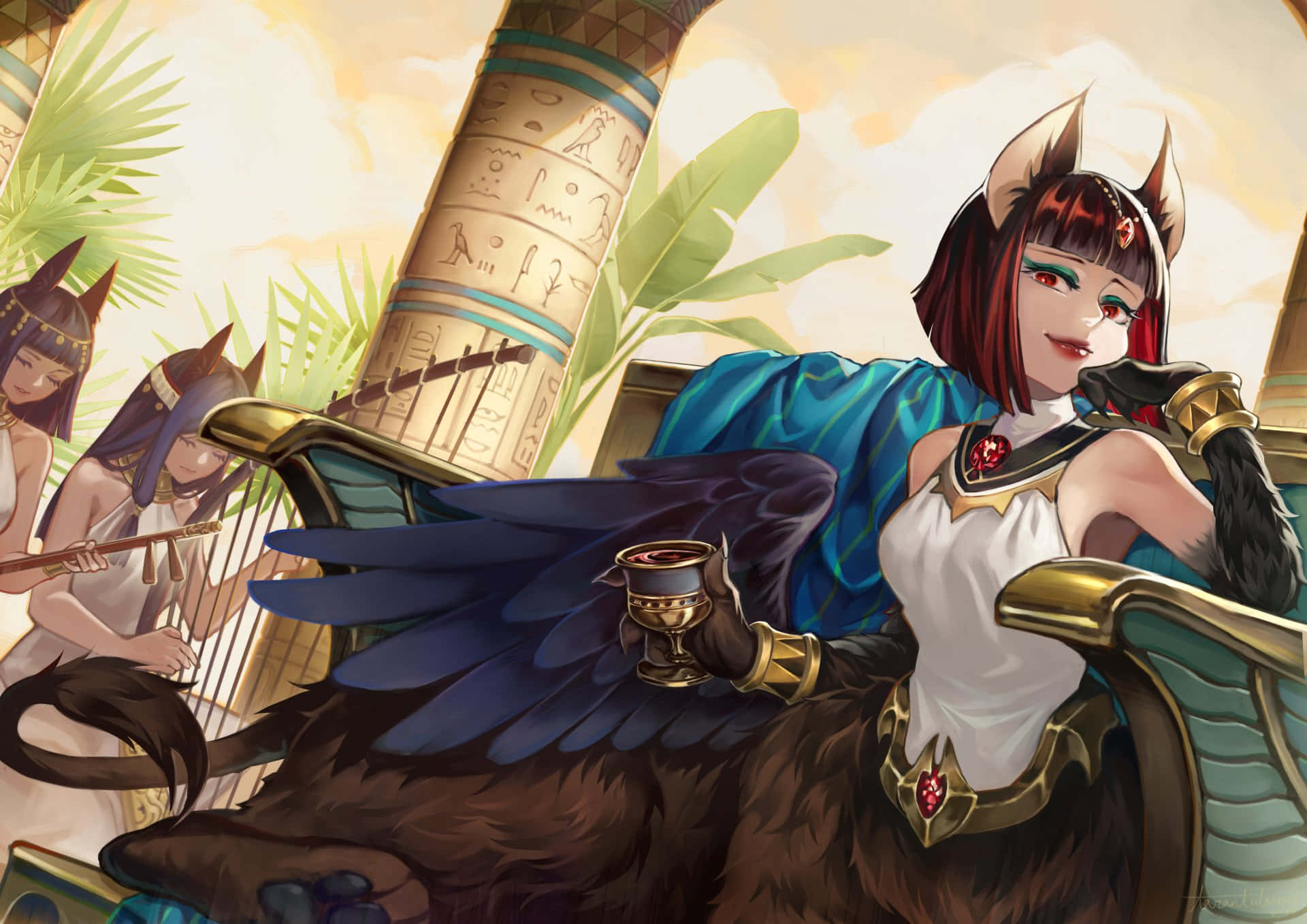 AFK Arena 嘲笑女子 壁紙 — 一位紅髮貓耳的高貴女性慵懶地坐在王座上，手持酒杯，身後有音樂家在埃及神廟中演奏。