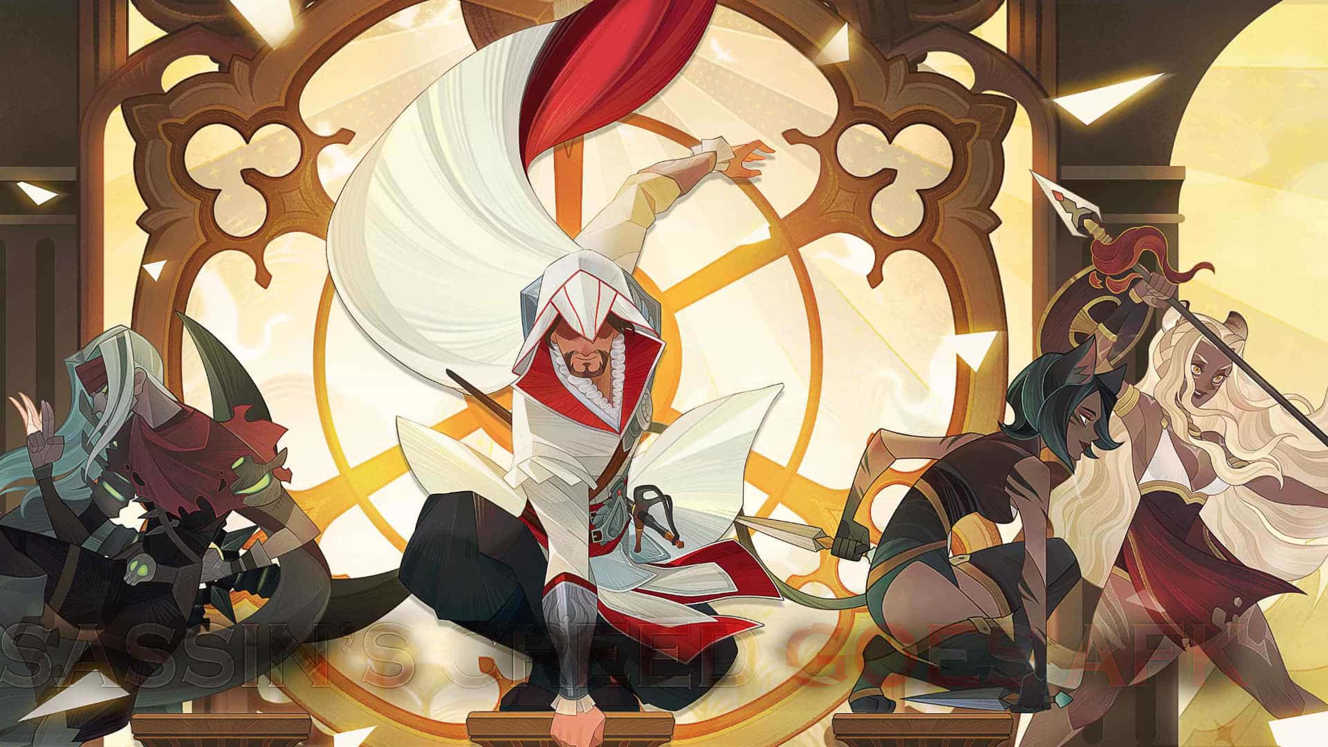 AFK Arena 男子蹲下遮面 壁紙 — 一位身穿白紅長袍、充滿動感的動漫風格戰士，披風飄揚，向前躍進，背景是華麗的金色窗戶。