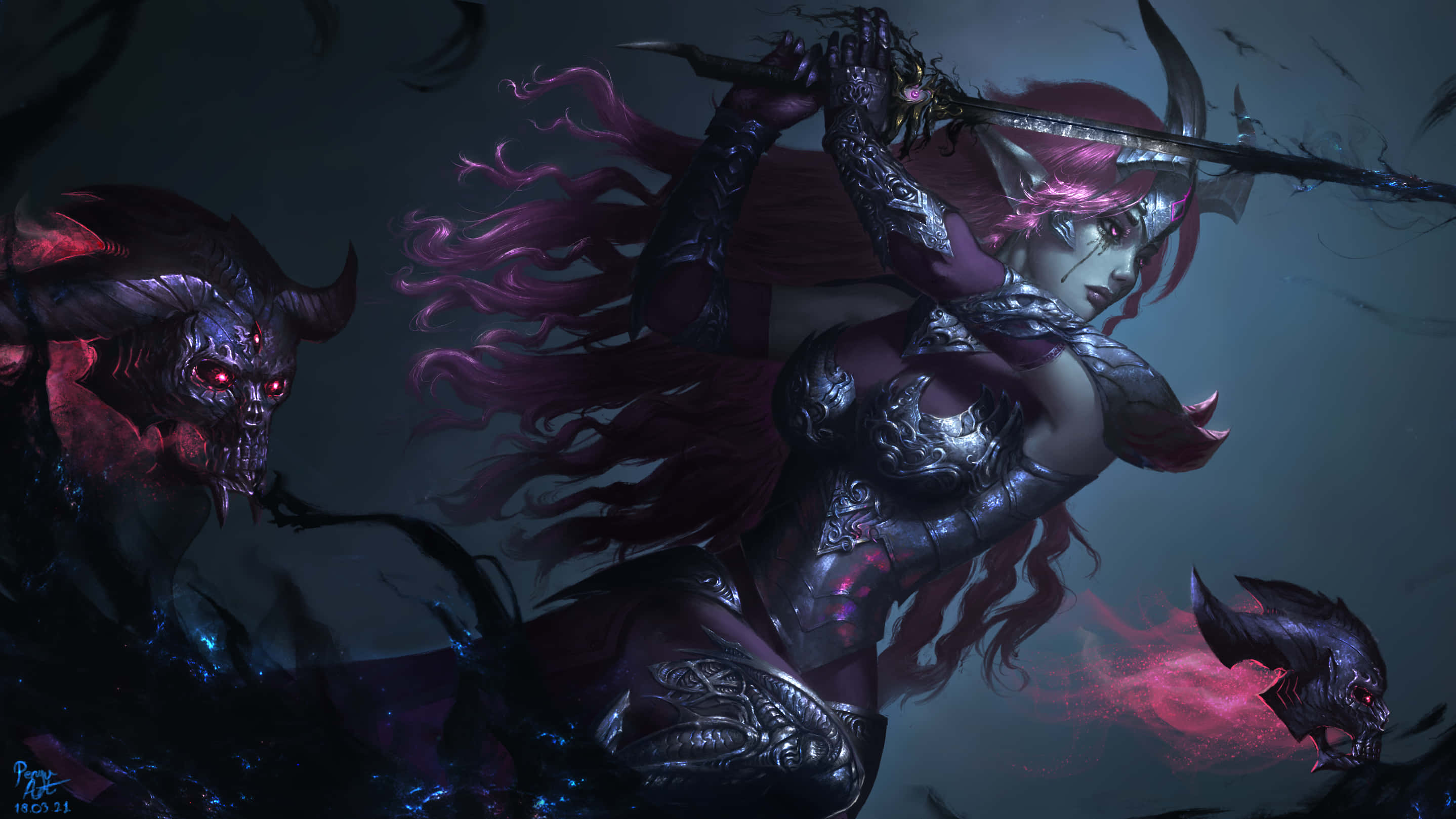 AFK Arena 粉髮女性側影 壁紙 — 一個擁有飄逸紫色頭髮的惡魔戰士，在黑暗奇幻戰鬥場景中揮劍對抗陰影生物。
