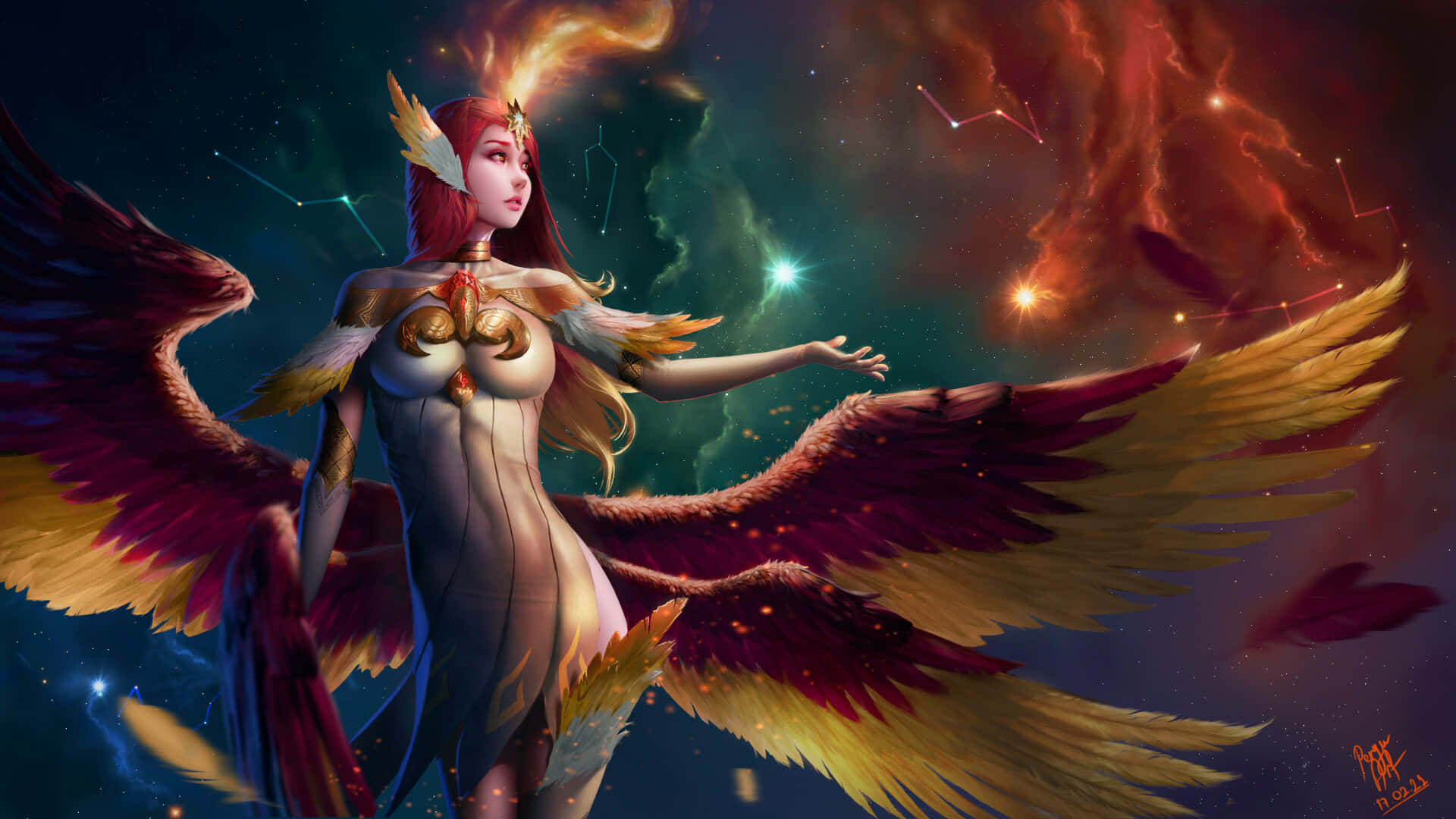 AFK Arena 紅翼角色 壁紙 — 一位威嚴的帶翼女子，擁有火紅與金色的羽毛，站在一個閃爍著星星和星座的宇宙星雲背景前。