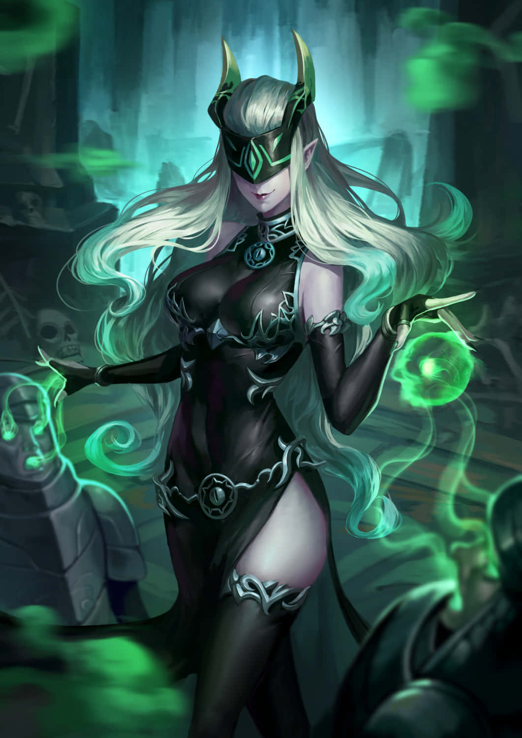 AFK Arena 綠色風格 壁紙 — 一位黑暗奇幻女巫，擁有發光的綠色頭髮和角，在陰暗詭異的房間中召喚神秘球體。