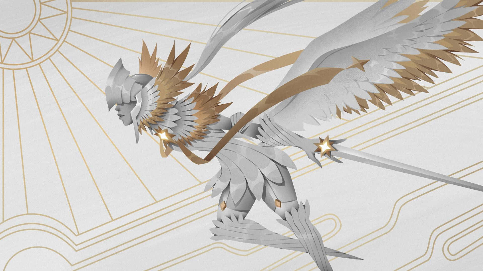 AFK Arena 角色展翅飛行 壁紙 — 一個風格化的有翼戰士，身穿銀色盔甲並帶有金色點綴，在幾何太陽光線背景下動態飛翔。