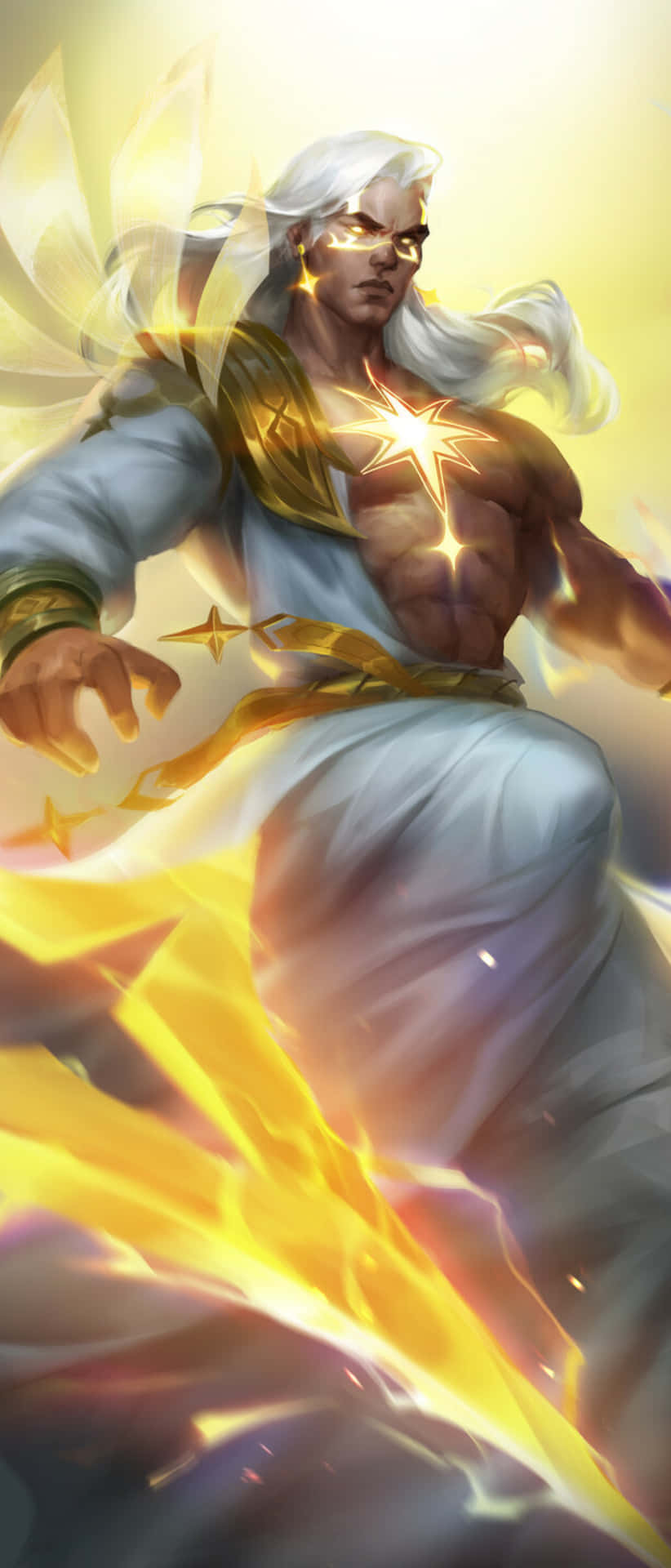 AFK Arena 銀髮男子 壁紙 — 一位肌肉發達的天使戰士，白髮閃爍，帶有發光的星星標誌，以動態姿勢散發出金色能量。