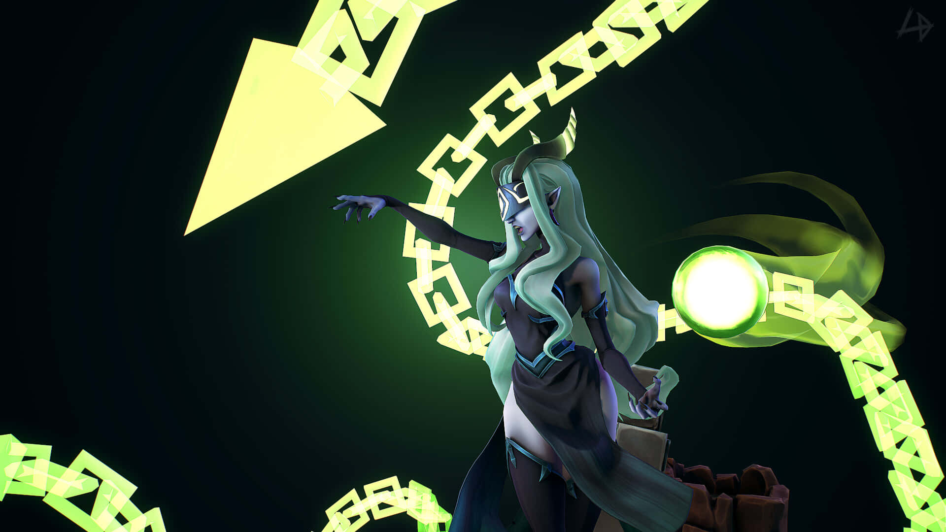 AFK Arena 鏈條環繞女性 壁紙 — 一個發光的綠色頭髮動漫角色在黑暗背景下揮舞魔法鎖鏈和明亮球體。