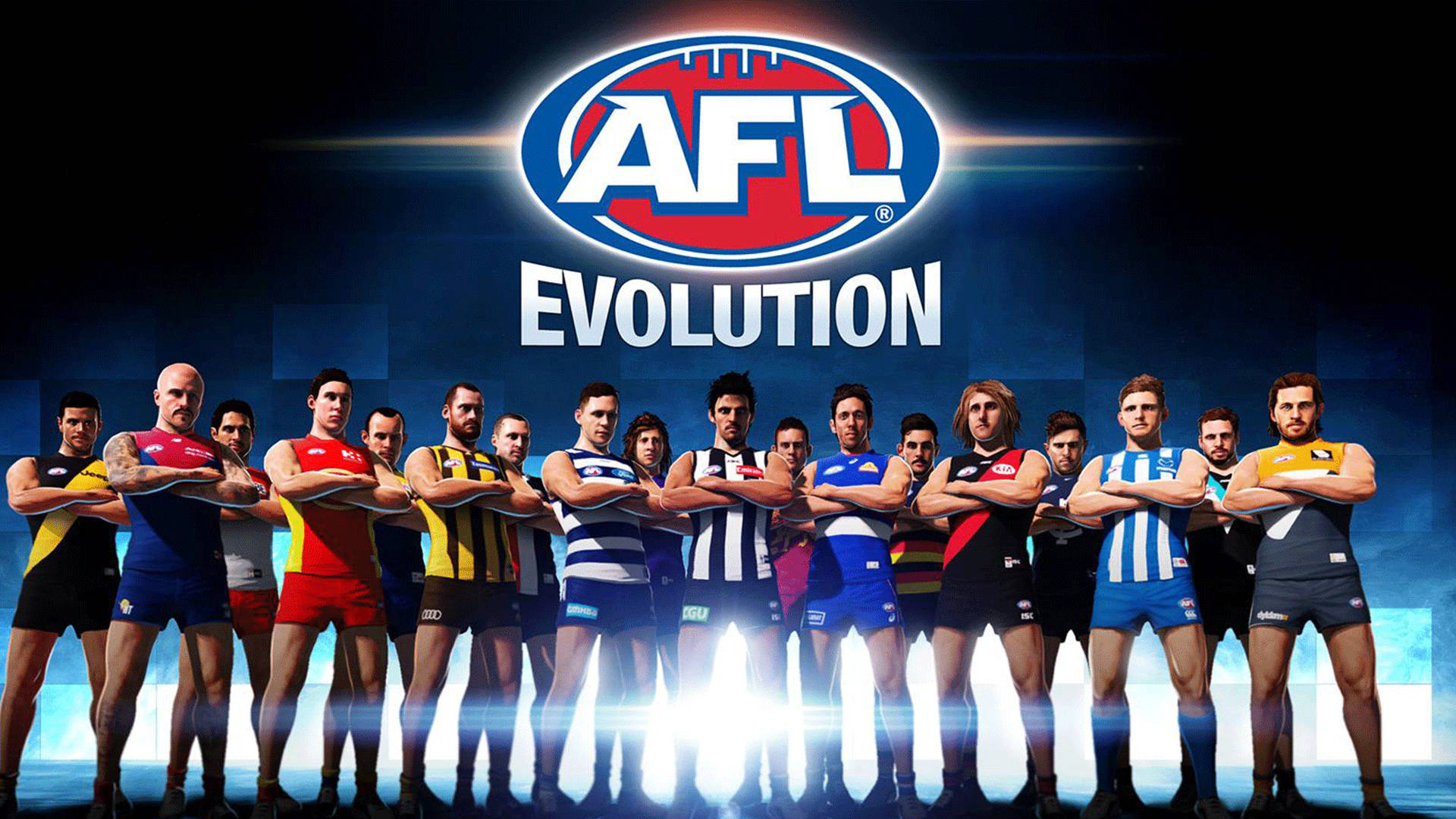 AFL Evolution 遊戲球星宣傳圖 壁紙 — 一群身穿色彩繽紛球隊球衣的澳洲足球員，在閃亮的AFL Evolution標誌下自信地交叉雙臂站立。