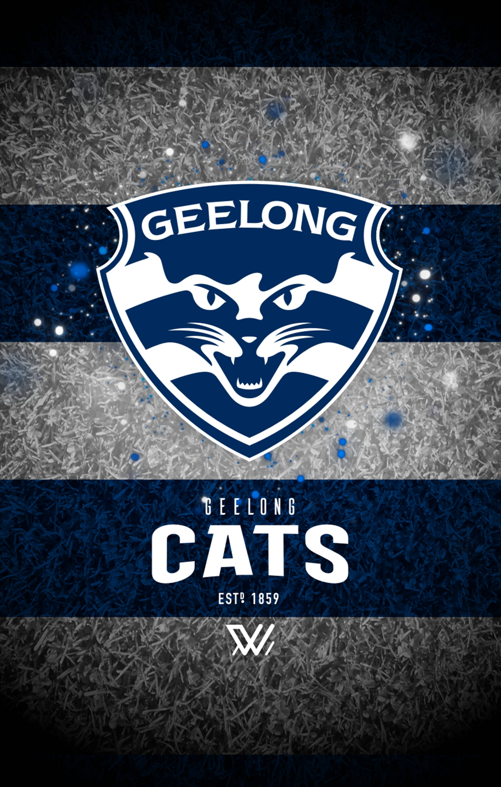 AFL吉朗貓隊 壁紙 — 一個大膽的藍白相間Geelong Cats標誌，中心是一張咆哮的貓臉，背景是帶有閃爍效果的紋理灰藍條紋。