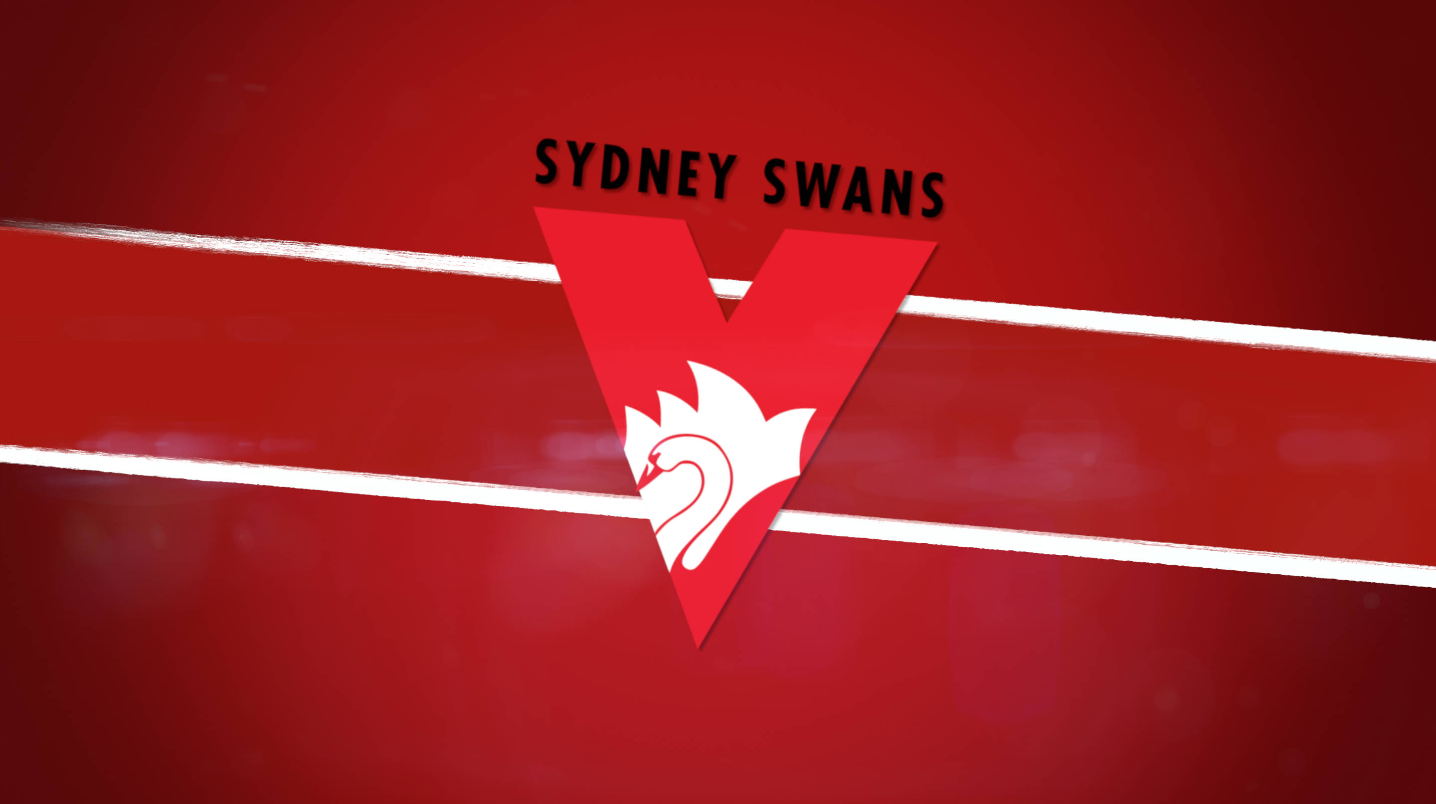 AFL悉尼鵝隊 壁紙 — 大膽的紅色背景，帶有白色條紋，並在'SYDNEY SWANS'文字下方居中放置白色天鵝標誌。