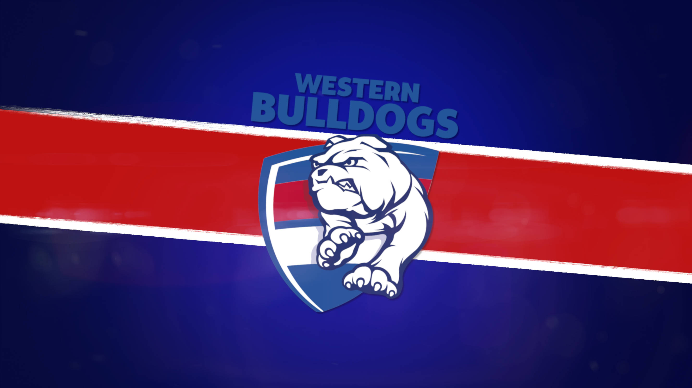 AFL西部鬥牛犬隊 壁紙 — 一個大膽的Western Bulldogs標誌，在深藍色背景上，藍色盾牌上有白色鬥牛犬吉祥物，帶有紅色和白色條紋。