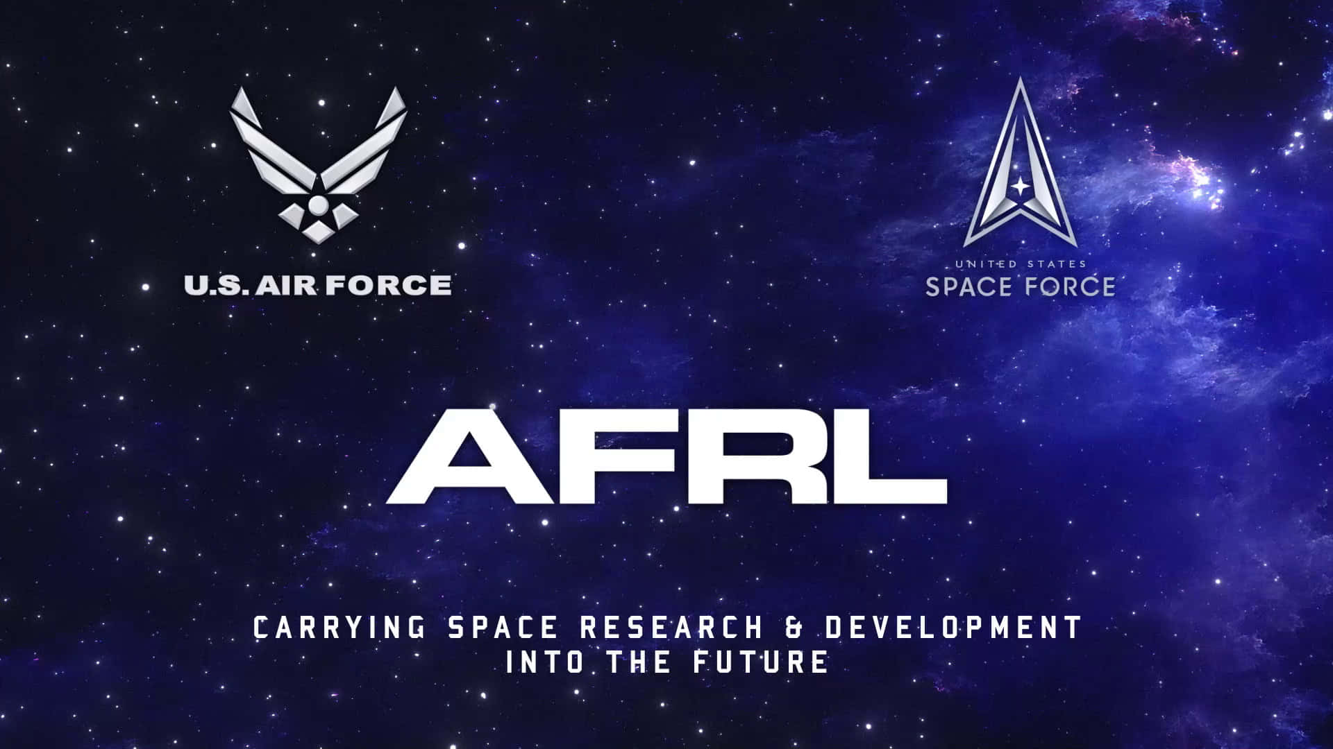 Air Force 桌布 壁紙 — AFRL 標誌在星空宇宙背景上展示，附有美國空軍和太空軍徽章。