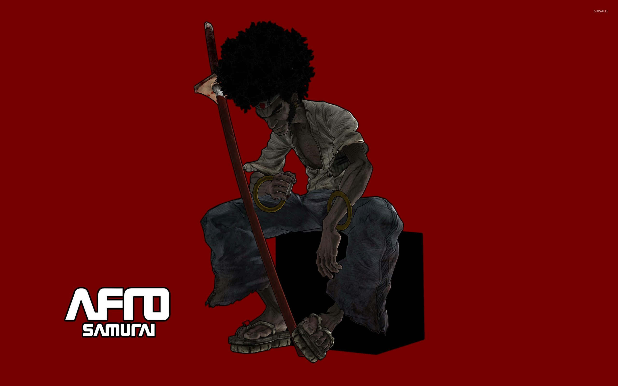Afro Samurai：孤獨武士之旅 壁紙 — 一個孤獨的非洲武士坐在黑色方塊上，手持劍，背景是鮮豔的紅色，陷入沉思。