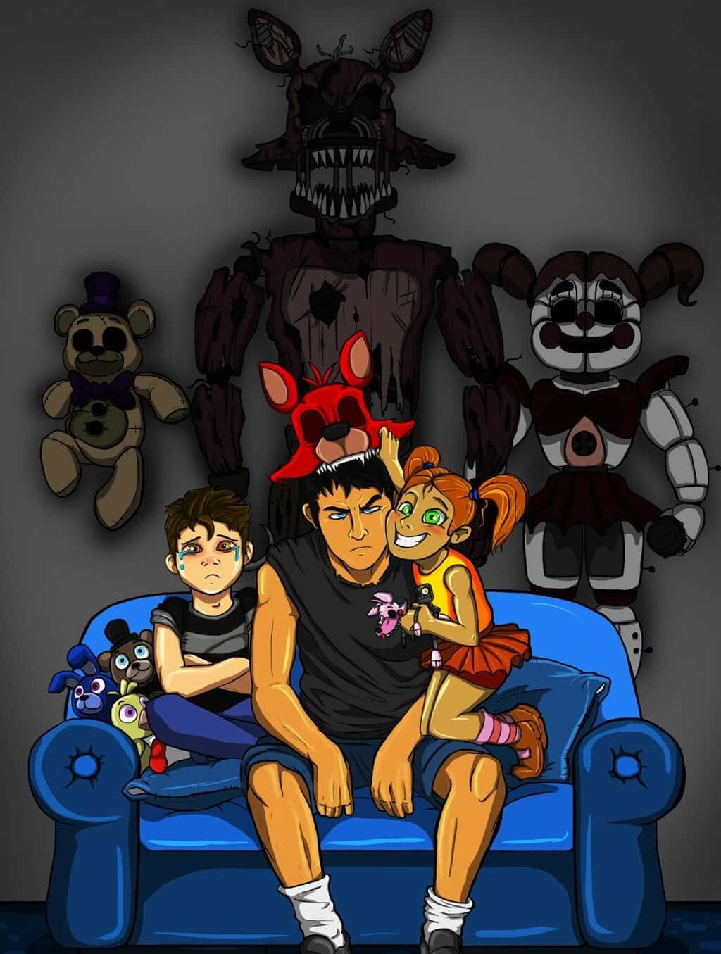 Afton 家族毛絨玩具 壁紙 — 三個角色坐在藍色梳化上，被黑暗房間中威脅性的電子動畫人物包圍。