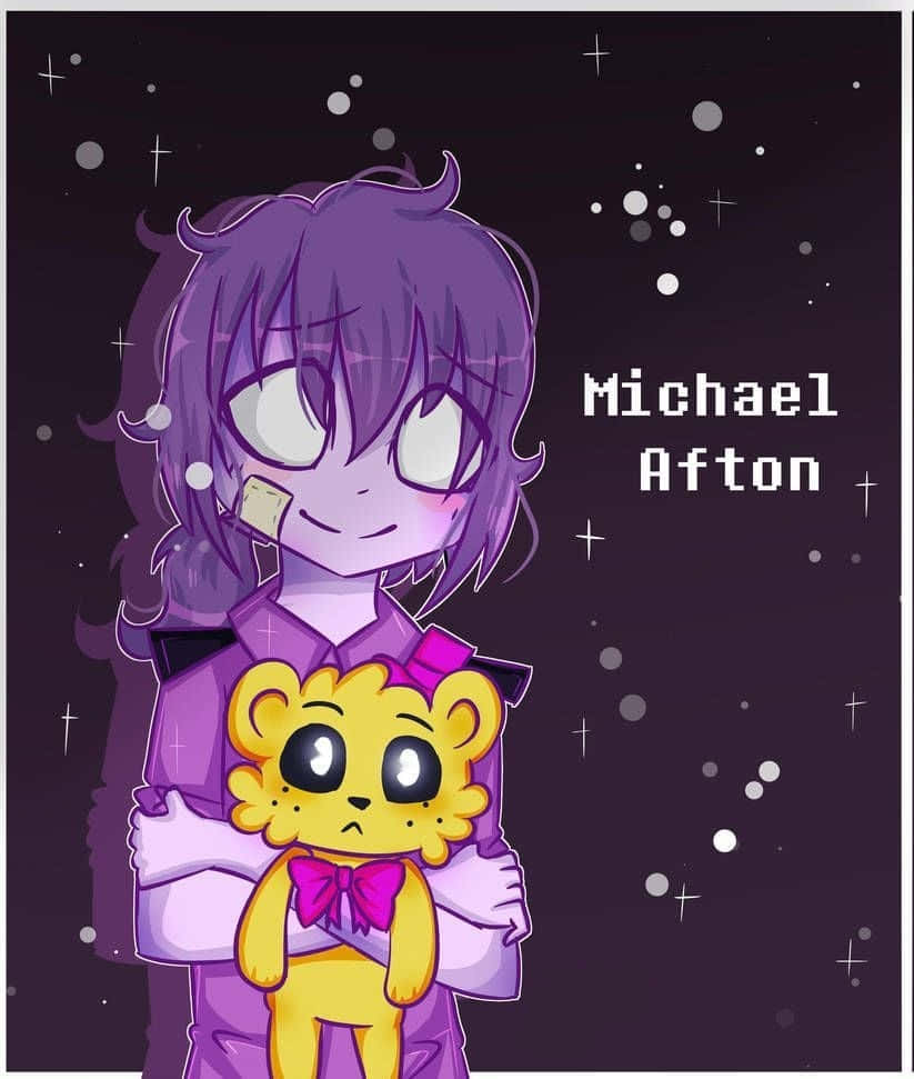 Afton 家族 Fredbear 壁紙 — 紫髮動漫角色在星空夜空下擁抱一隻帶有粉紅色蝴蝶結的黃色泰迪熊。