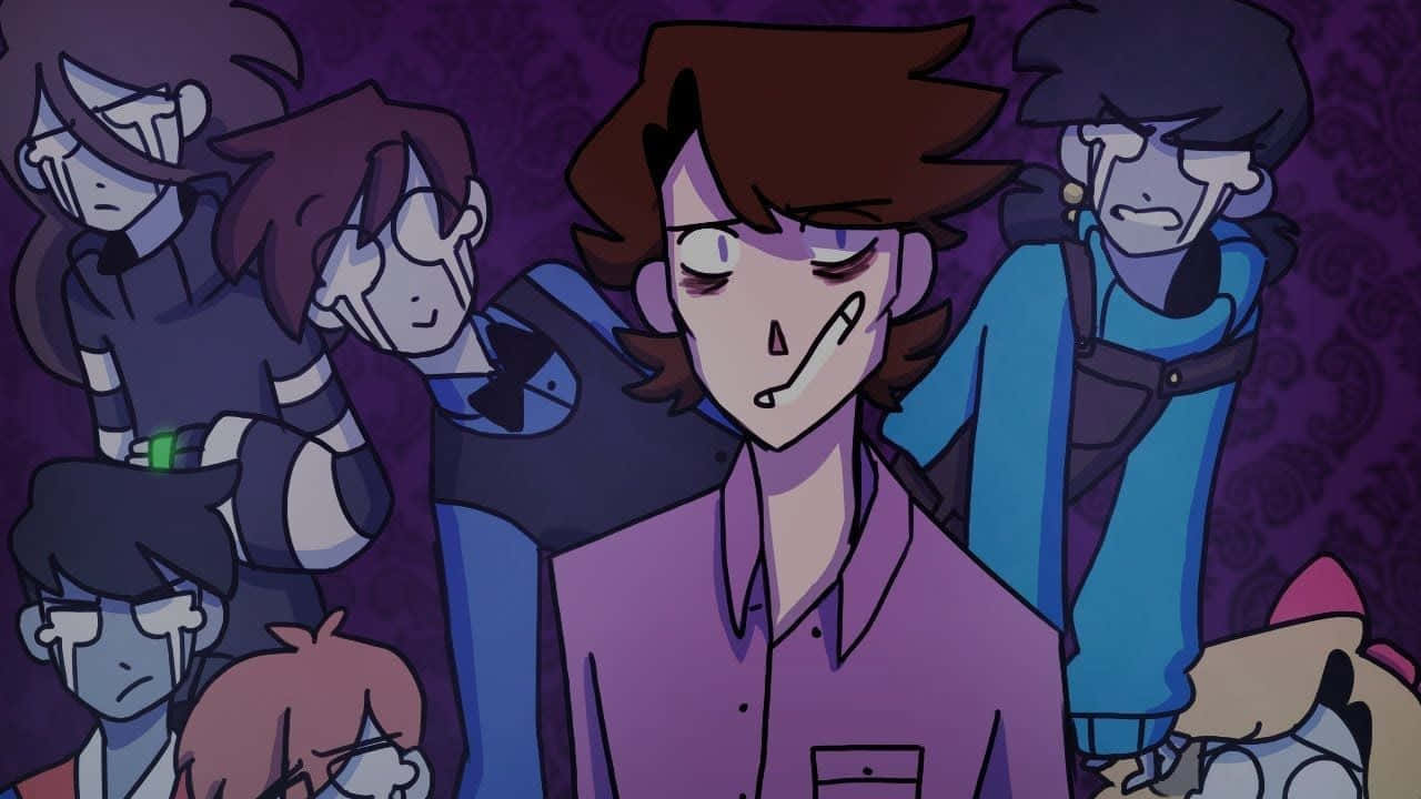Afton 家族哭泣 壁紙 — 一群動漫角色臉上掛著淚痕，表情陰沉，站在深紫色圖案背景前。