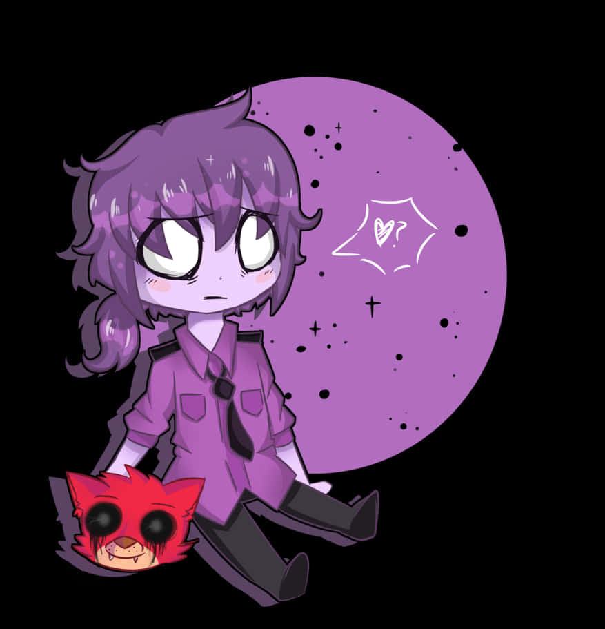 Afton 家族紫色人 壁紙 — 一個紫色頭髮、大眼睛的Q版動漫角色，在紫色月亮背景下坐在一隻紅色貓咪般的生物旁邊。