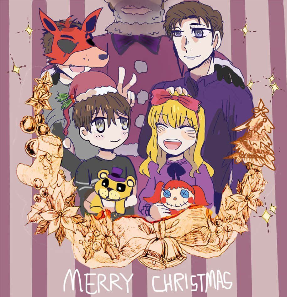 Afton 家族聖誕卡 壁紙 — 一幅節日動畫聖誕插圖，描繪一群歡樂的角色被裝飾品和花環包圍。