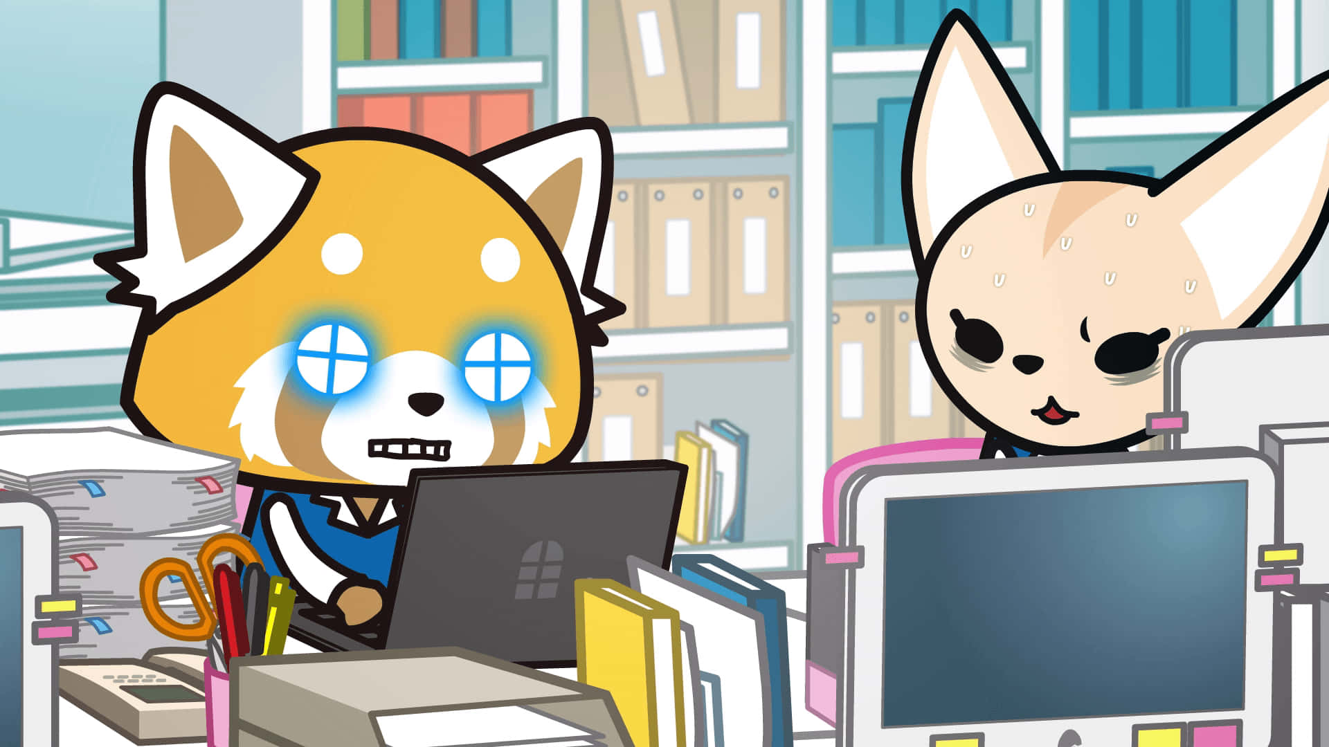 Aggretsuko：認真對待充滿怒火的金屬音樂 壁紙 — 兩隻卡通狐狸在辦公室，一隻因屏幕疲勞而眼睛發光，另一隻在電腦後看起來很疲倦。