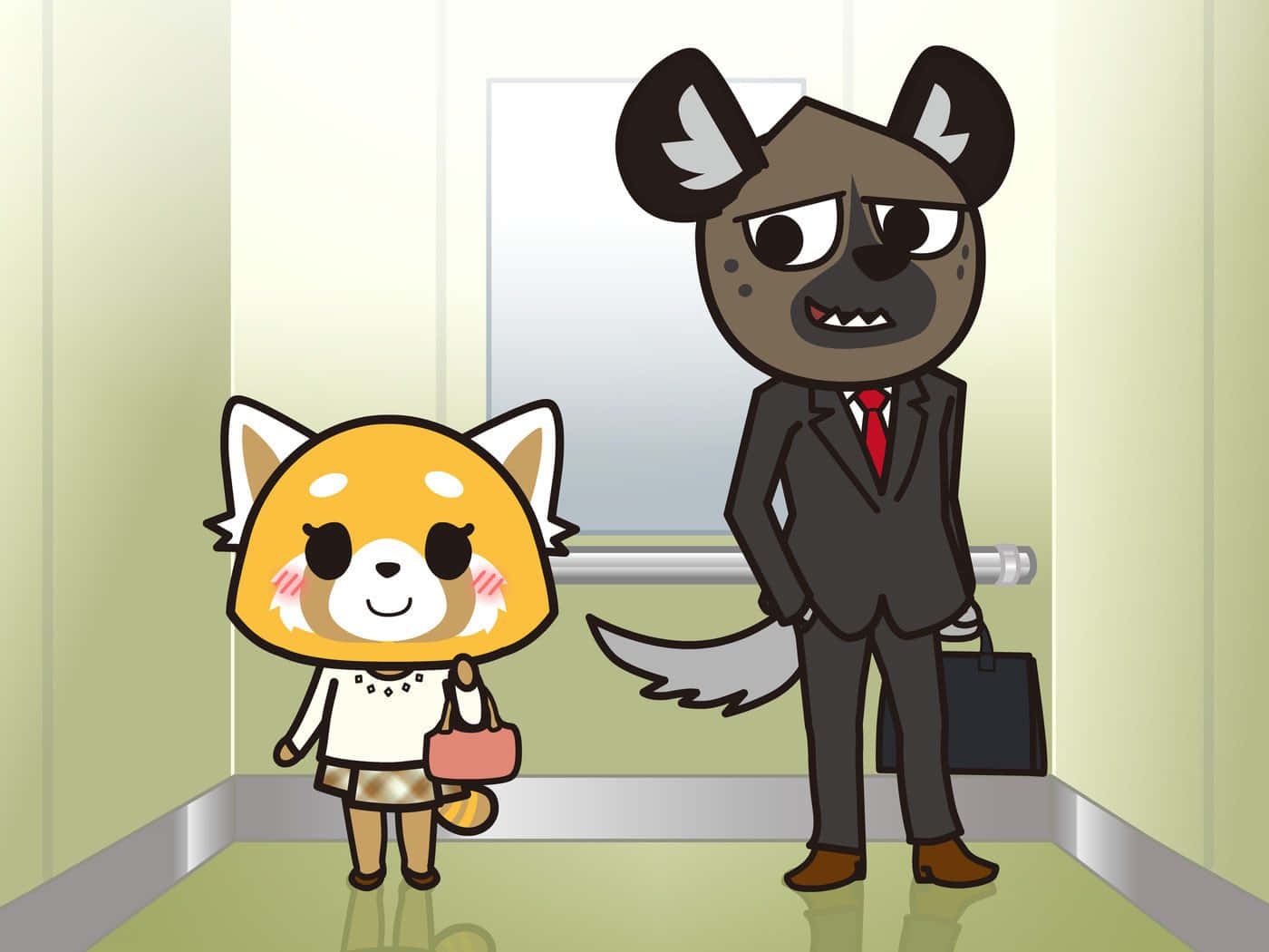 Aggretsuko——透過金屬搖滾嘶吼煩惱 壁紙 — 一個可愛的紅色小熊貓女孩微笑著，旁邊是一隻穿著西裝、脾氣暴躁的鬣狗站在走廊裡。
