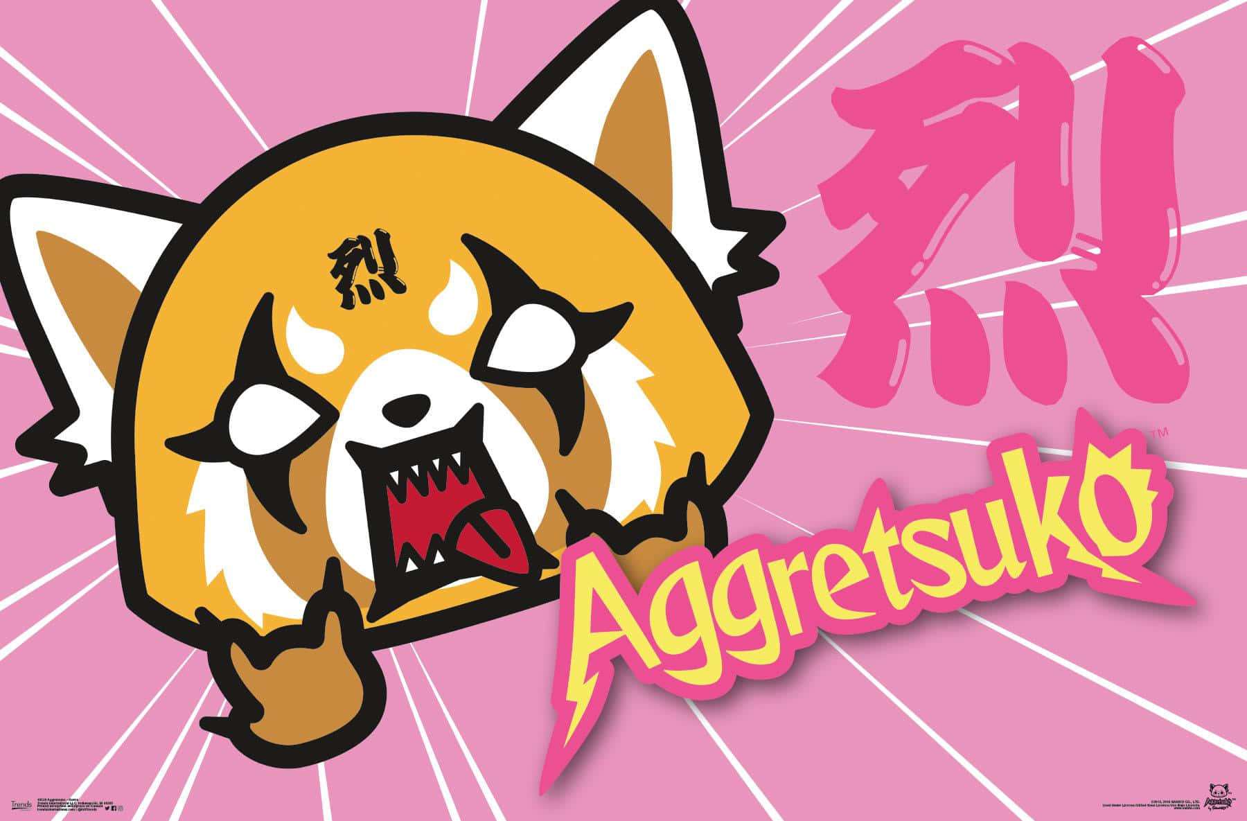 Aggretsuko以微笑面對日常挑戰，展現戰士的勇氣 壁紙 — 一個卡通小熊猫角色，帶着憤怒的眼神和咧嘴大笑，在粉紅色背景上咆哮，背景有放射線和風格化的日文字。