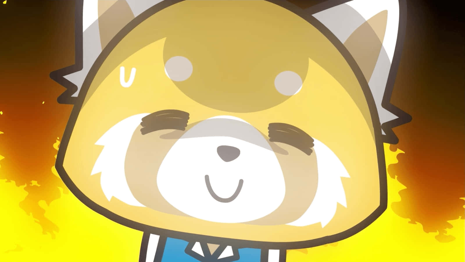 Aggretsuko於現場演出震撼登台 壁紙 — 一隻可愛的卡通小熊貓，閉著眼睛微笑，穿著藍色襯衫，背景是火熱的橙色和黃色。