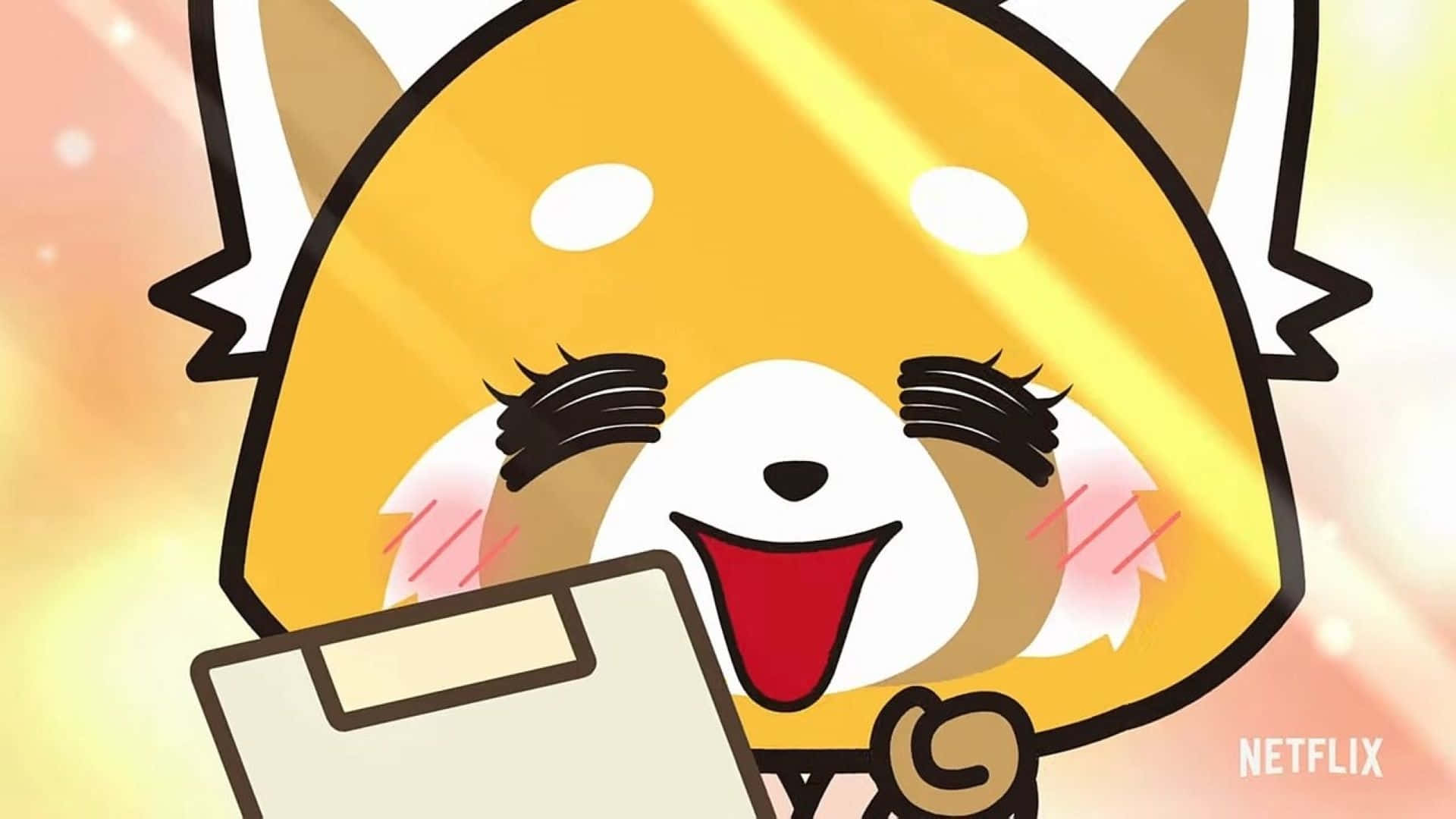 Aggretsuko為正義怒吼 壁紙 — 一隻快樂的卡通小熊貓，閉著眼睛，露出燦爛的笑容，在溫暖發光的背景前拿著一個剪貼板。