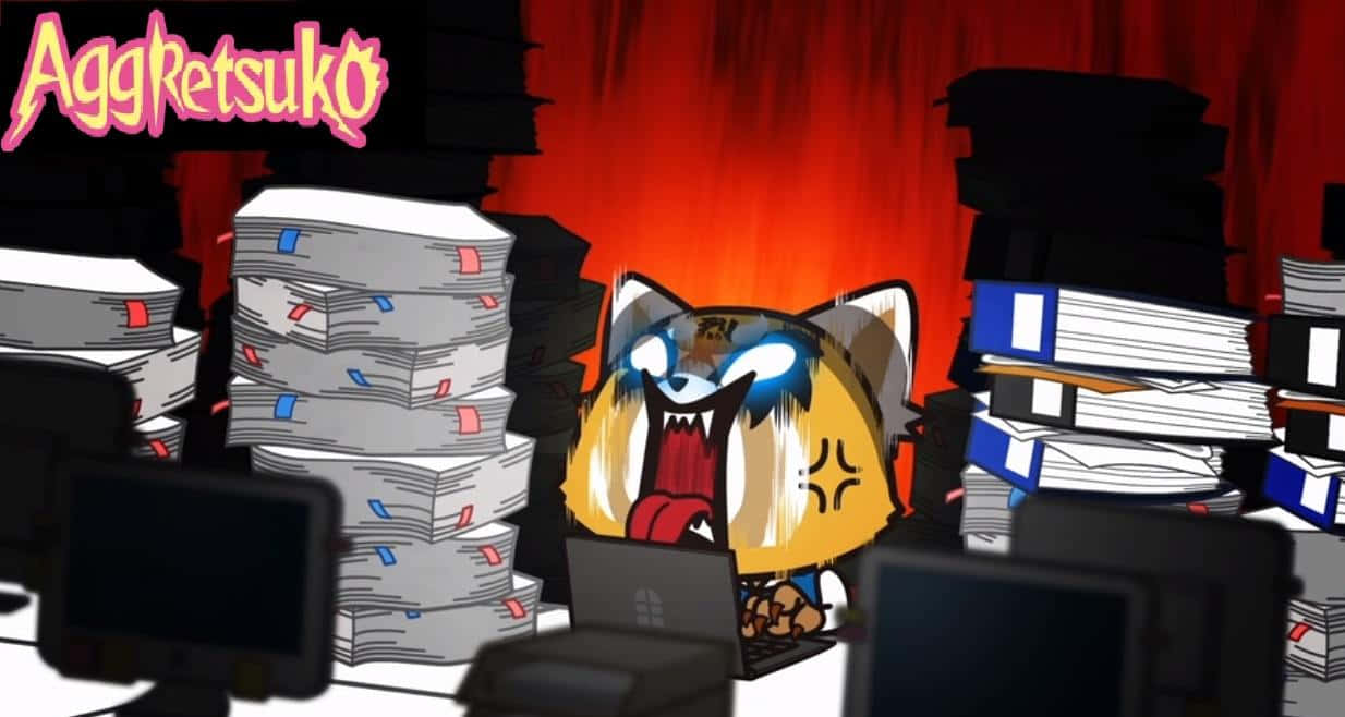 Aggretsuko狂野搖滾 壁紙 — 一個動漫貓惡魔在熾熱的紅色窗簾下被堆積如山的文書工作包圍，憤怒地尖叫。