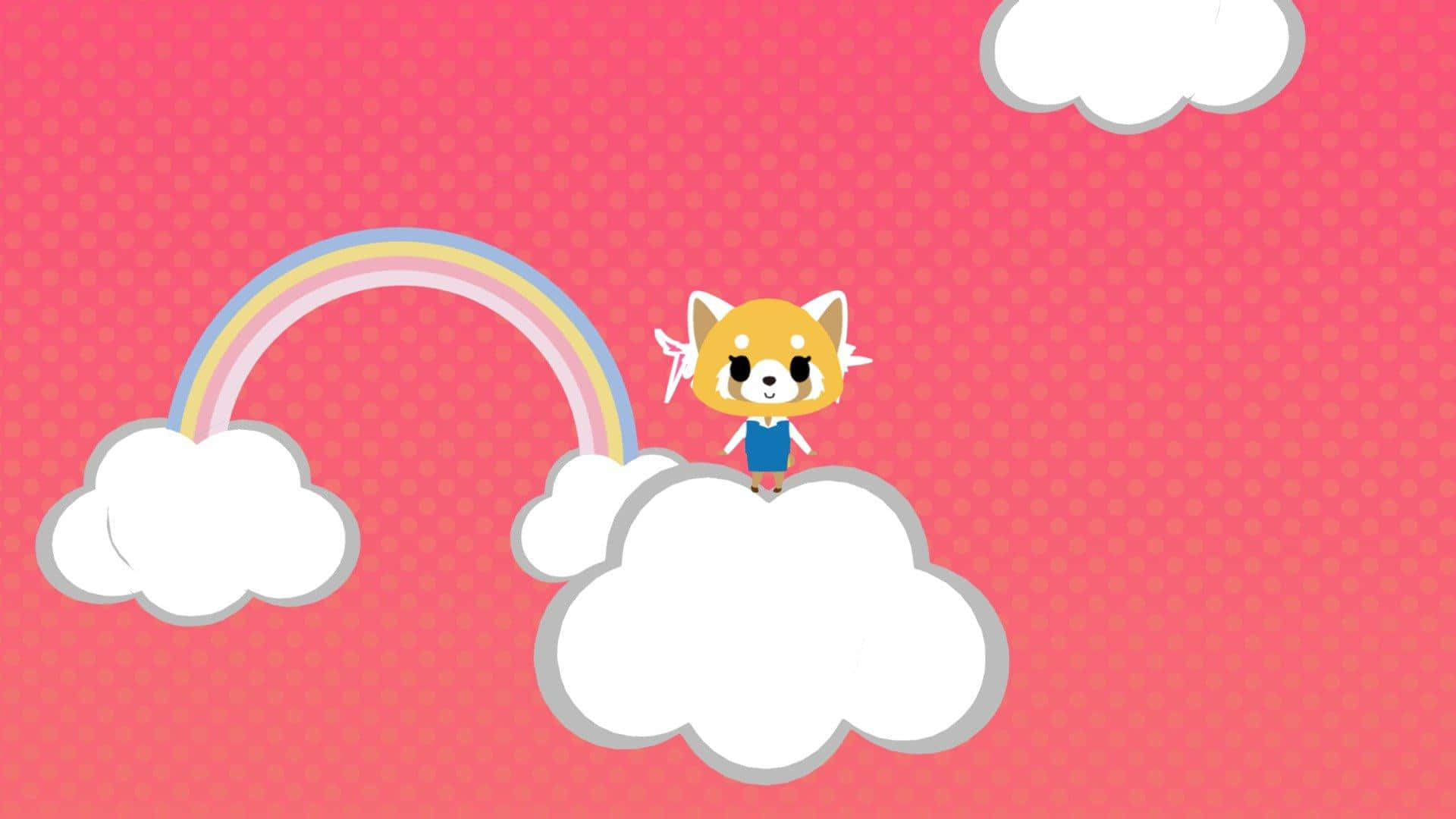 Aggretsuko透過重金屬尋得喘息 壁紙 — 一隻可愛的卡通狐狸長著翅膀，站在蓬鬆的雲朵上，旁邊是色彩繽紛的彩虹，背景是粉紅色點點的天空。