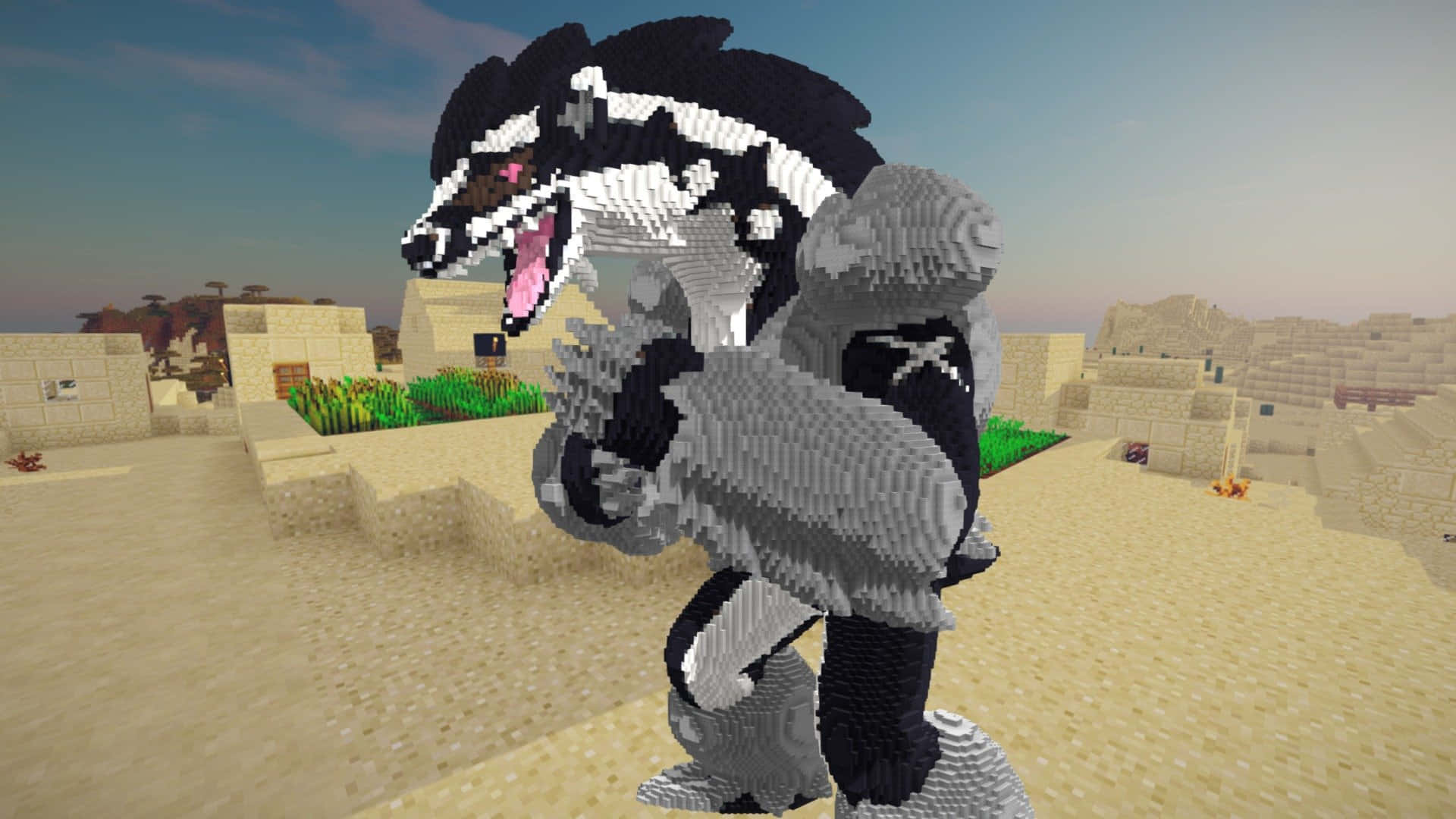 寶可夢奧斯特agoon的我的世界雕塑 壁紙 — 一隻像素化的Minecraft風格黑白狼在沙漠村莊中咆哮，村莊有砂岩建築和綠色農作物，天空暮色蒼茫。