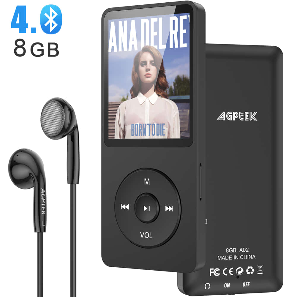 AGPtek MP3播放器圖片 壁紙 — 黑色AGPTEK 8GB藍牙MP3播放器連耳機，在純白背景上顯示Ana Delre的專輯封面。