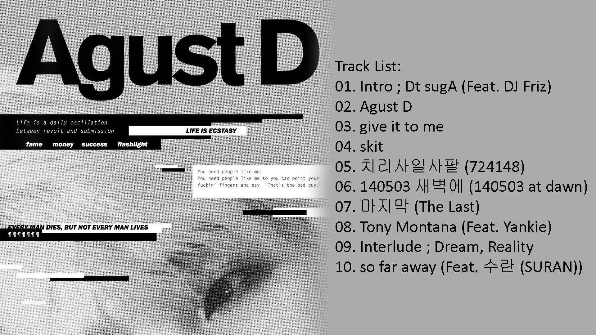Agust D - 本年度最受期待的嘻哈專輯 壁紙 — 單色專輯封面，特寫眼睛，粗體字體和故障風格文字疊加。