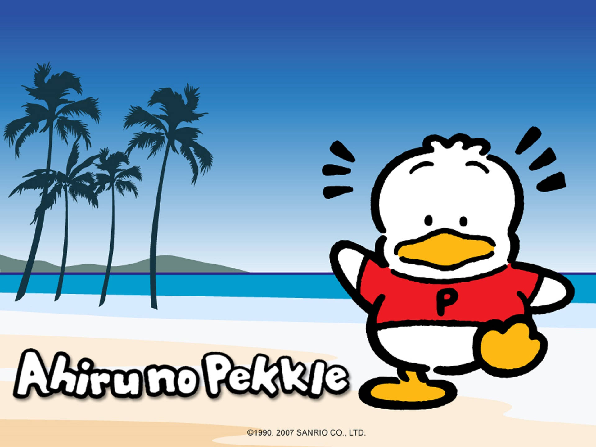 Ahiru No Pekkle 在海灘 壁紙 — 一隻穿著紅色襯衫的快樂卡通鴨站在沙灘上，沙灘上有棕櫚樹和海洋，天空晴朗湛藍。