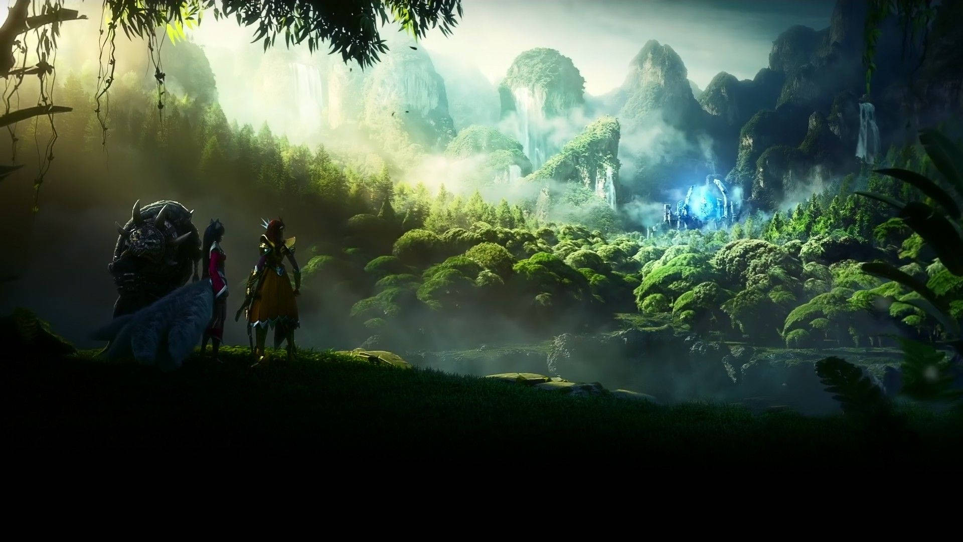 Ahri 在 Wild Rift 森林 壁紙 — 兩位冒險者站在陰影叢林中，俯瞰著一個霧氣瀰漫的山谷，其中有發光的藍色廢墟和層疊的瀑布。