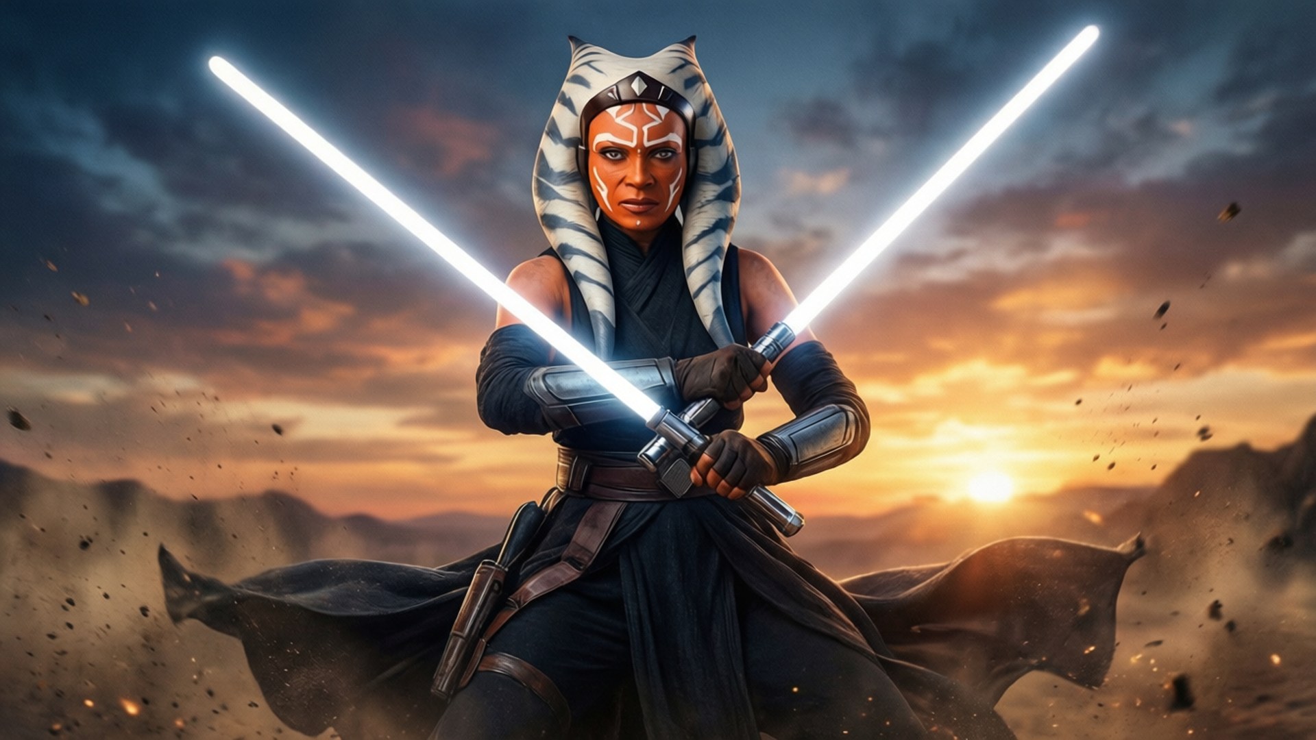 Jedi warrior with dual lightsabers standing in desert dust at sunset. 壁紙