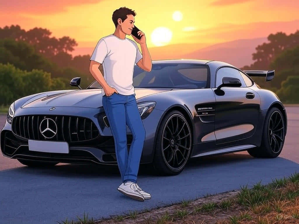 穿休閒服的年輕男子手持手機靠近汽車 – AI壁紙 壁紙 — 一名身穿白色T恤和藍色牛仔褲的年輕男子在日落時分靠在一輛時尚的黑色Mercedes AMG GT跑車上。