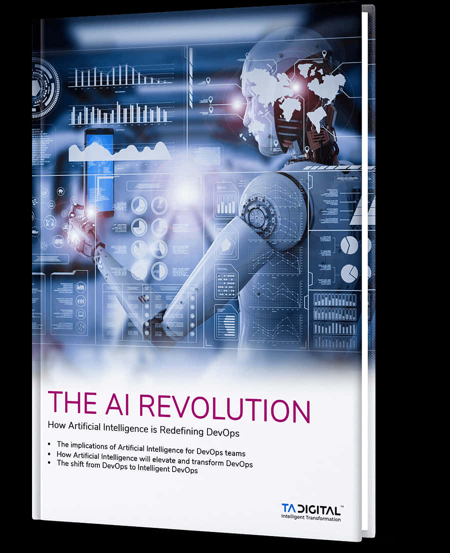 AI革命：開發與運營轉型 壁紙 — 一個未來風格的機械人與名為「THE AI REVOLUTION」的書本封面上的發光藍色全息數據可視化互動。